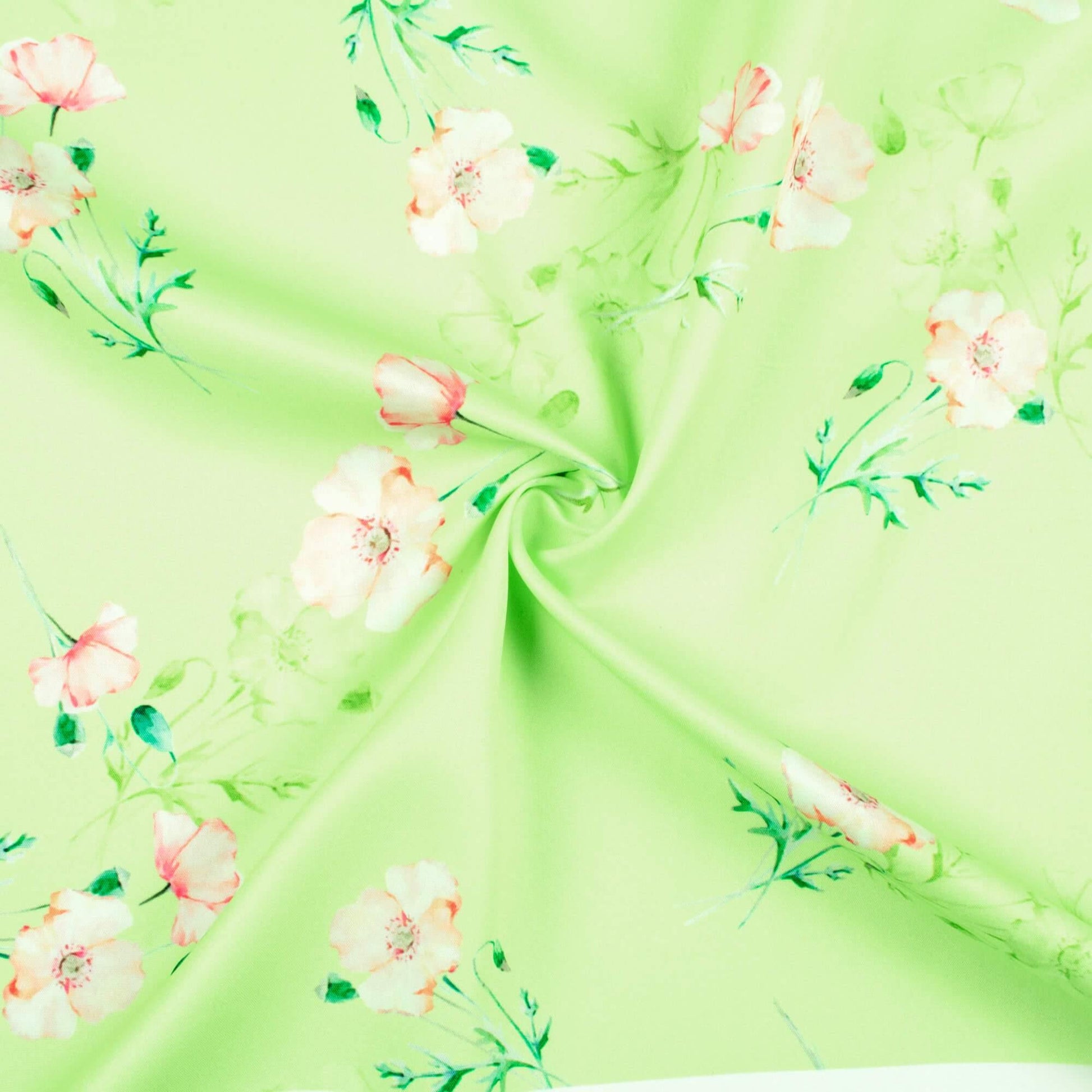 Lime Green And Taffy Pink Floral Pattern Digital Print Ultra Premium Butter Crepe Fabric - Fabcurate