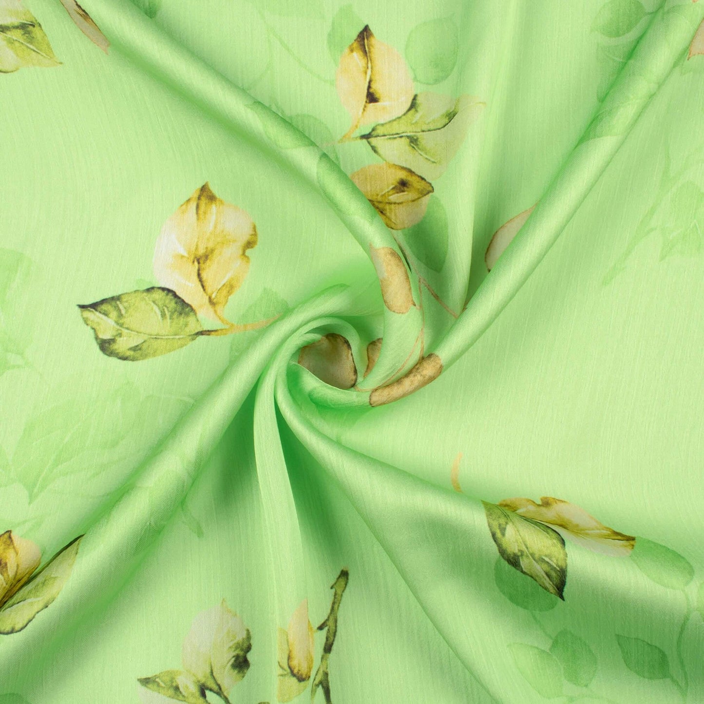 Lime Green And Beige Leaf Pattern Digital Print Chiffon Satin Fabric - Fabcurate