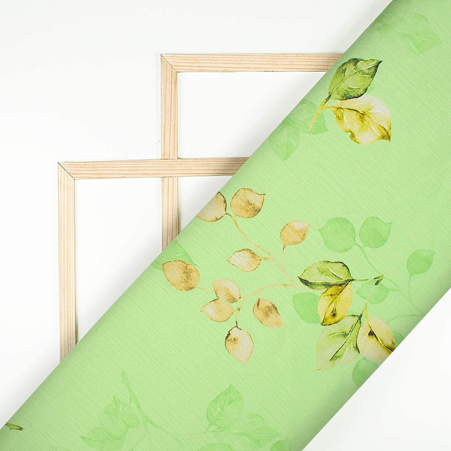 Lime Green And Beige Leaf Pattern Digital Print Chiffon Satin Fabric - Fabcurate