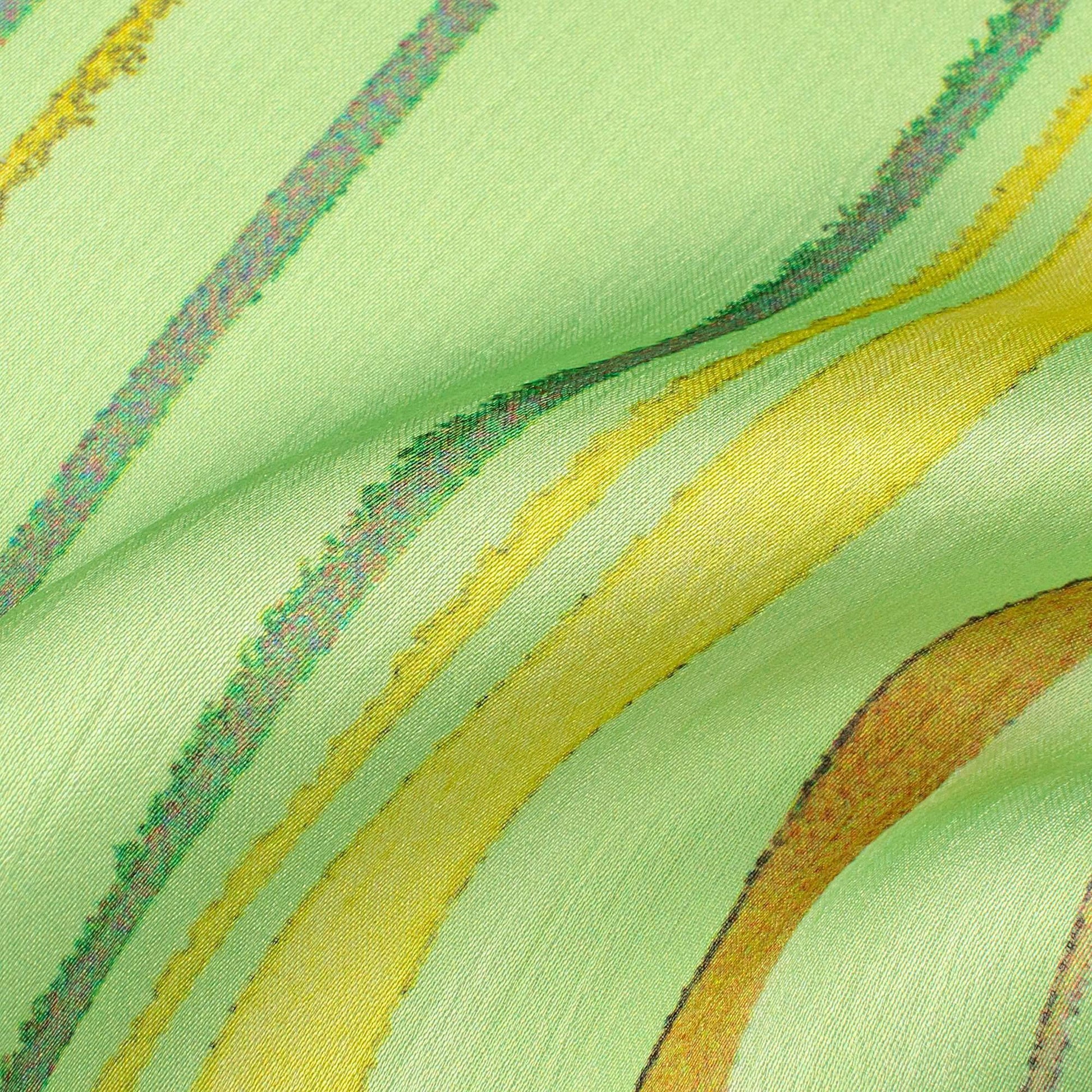 Lime Green And Golden Brown Stripes Pattern Digital Print Chiffon Satin Fabric - Fabcurate