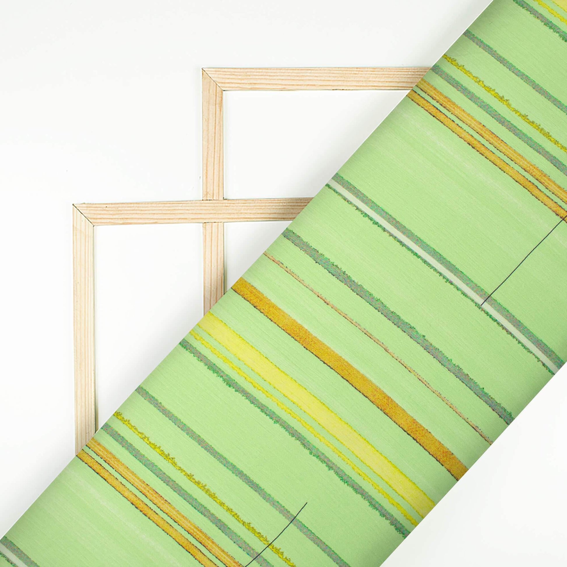 Lime Green And Golden Brown Stripes Pattern Digital Print Chiffon Satin Fabric - Fabcurate