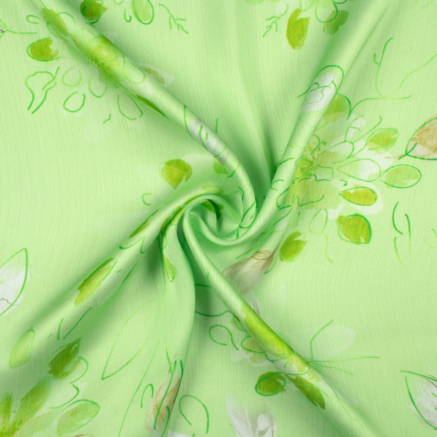 Lime Green And Off White Floral Pattern Digital Print Chiffon Satin Fabric - Fabcurate