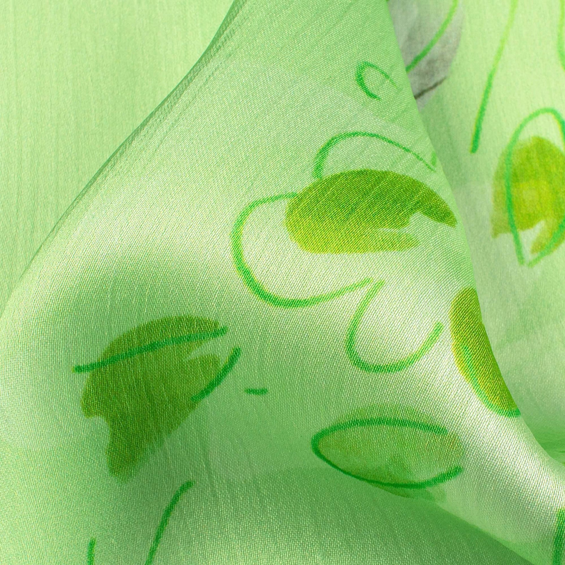 Lime Green And Off White Floral Pattern Digital Print Chiffon Satin Fabric - Fabcurate