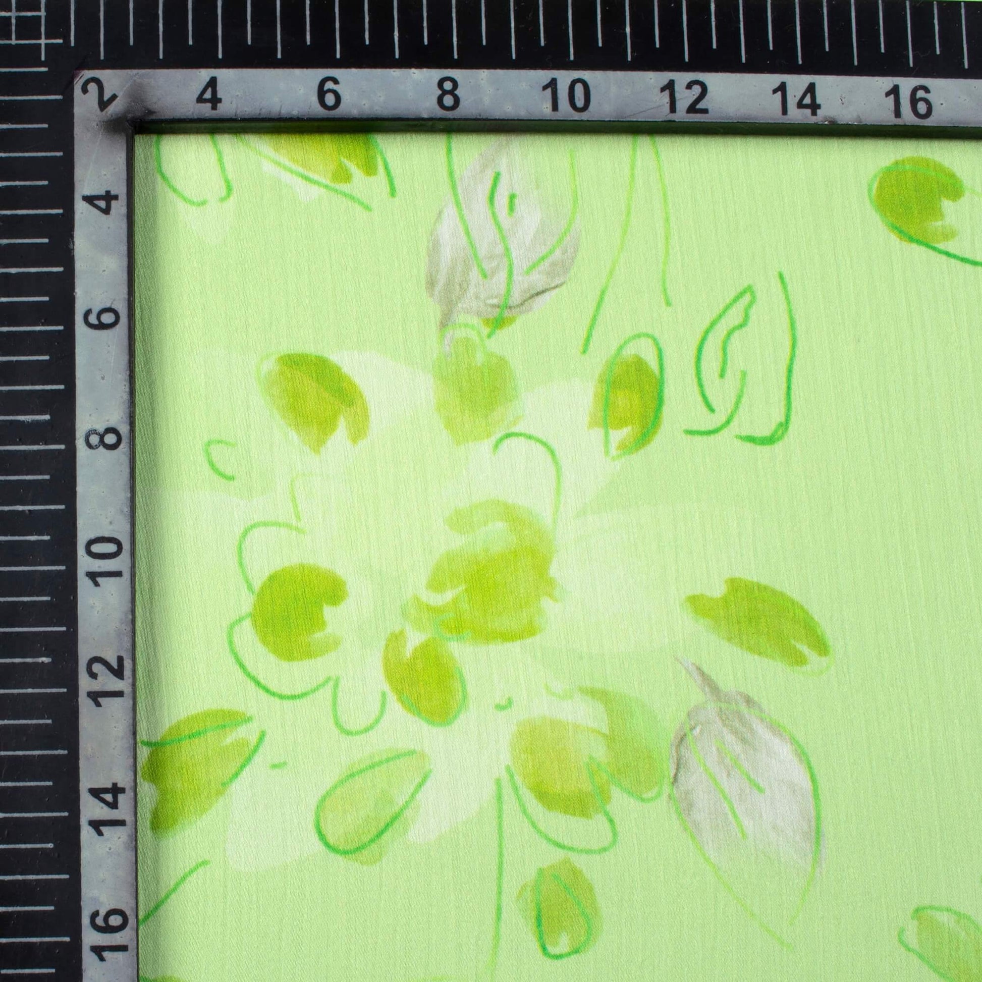 Lime Green And Off White Floral Pattern Digital Print Chiffon Satin Fabric - Fabcurate