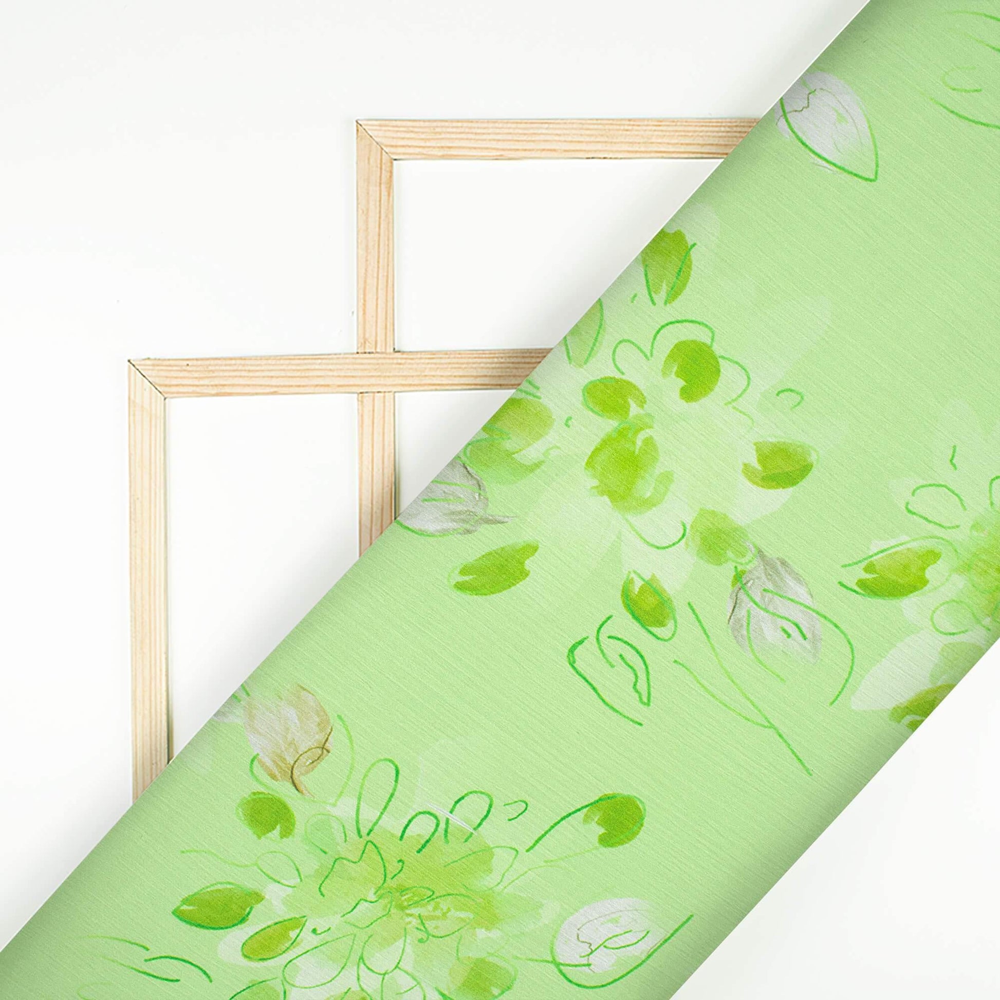 Lime Green And Off White Floral Pattern Digital Print Chiffon Satin Fabric - Fabcurate
