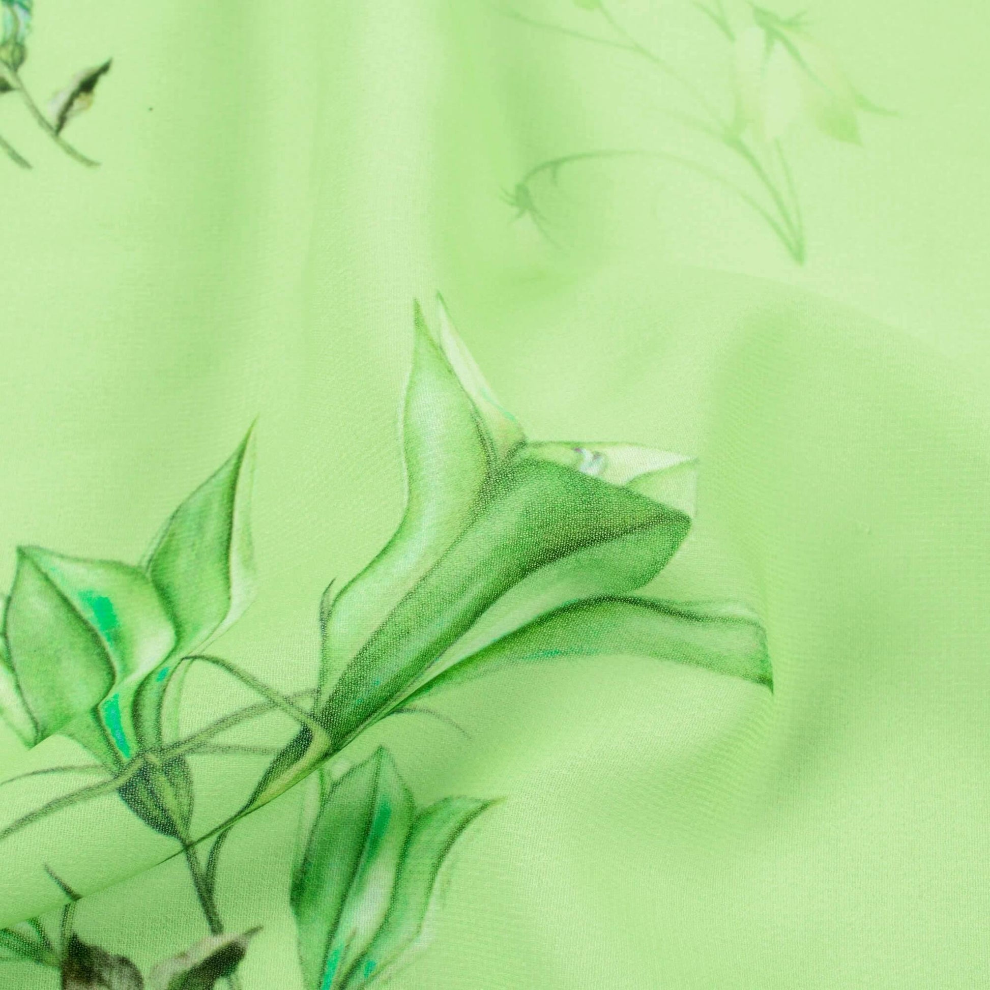 Lime Green Leaf Pattern Digital Print Georgette Fabric - Fabcurate