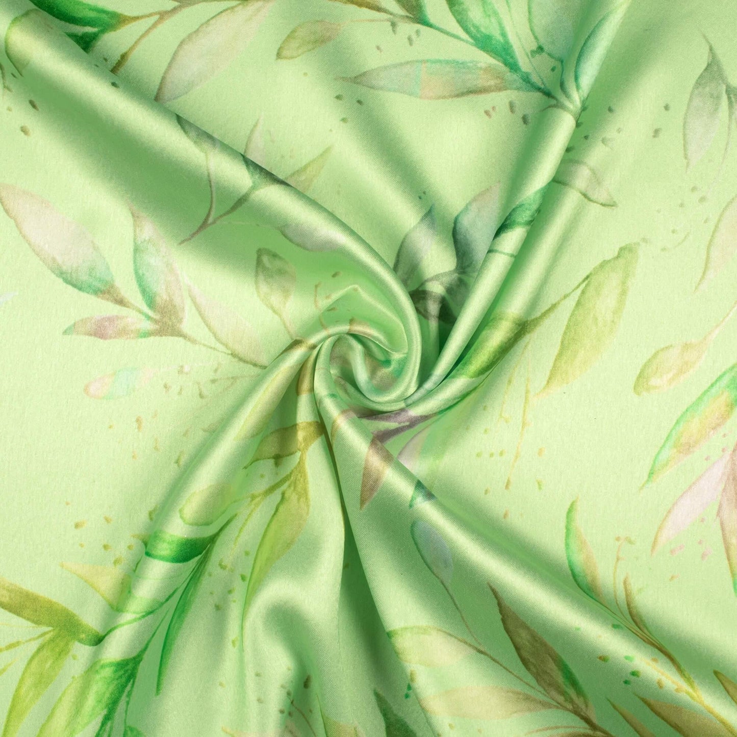 Lime Green Leaf Pattern Digital Print Japan Satin Fabric - Fabcurate