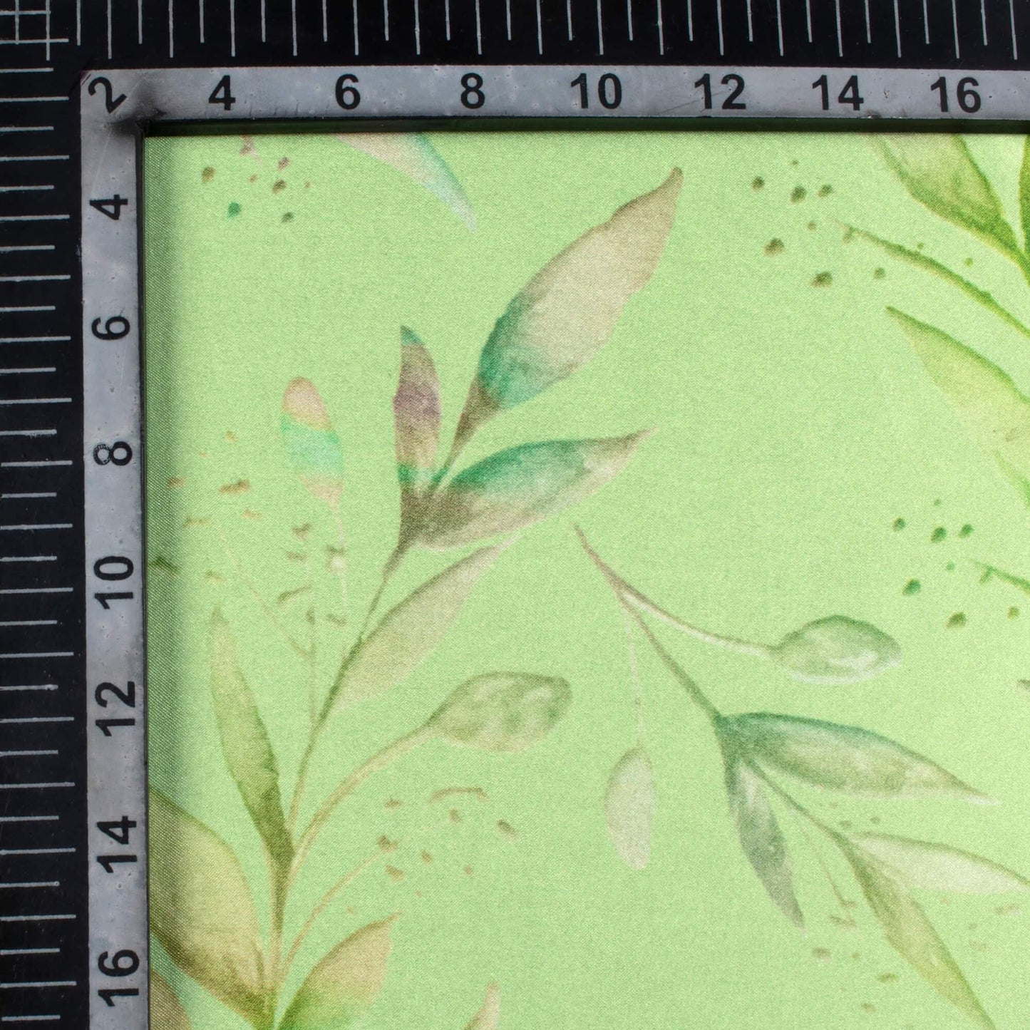 Lime Green Leaf Pattern Digital Print Japan Satin Fabric - Fabcurate