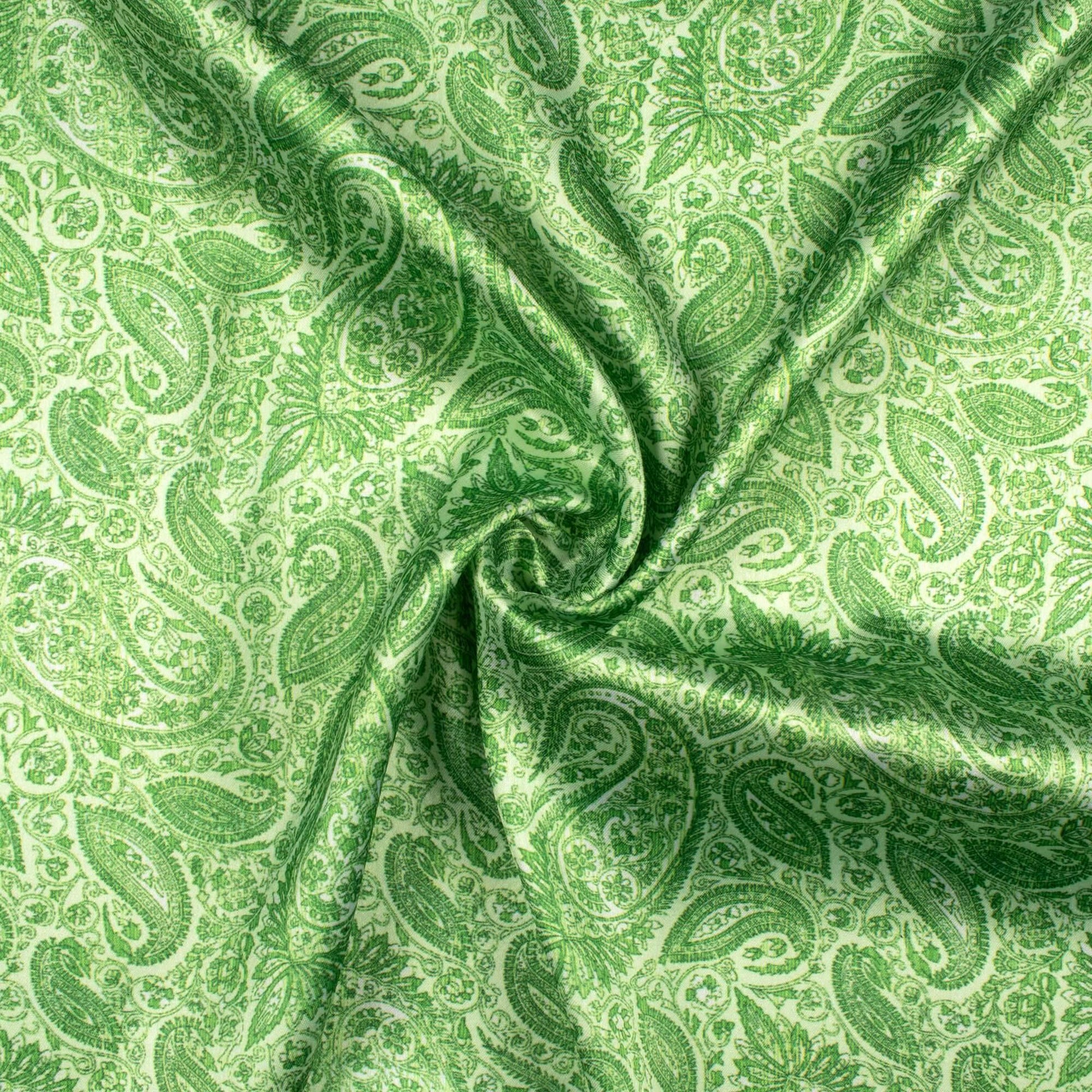 Lime Green Paisley Pattern Digital Print Japan Satin Fabric - Fabcurate