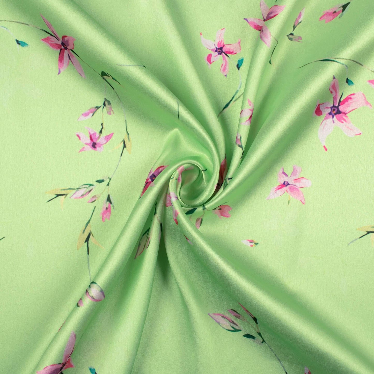 Lime Green And Creamy Pink Floral Pattern Digital Print Japan Satin Fabric - Fabcurate