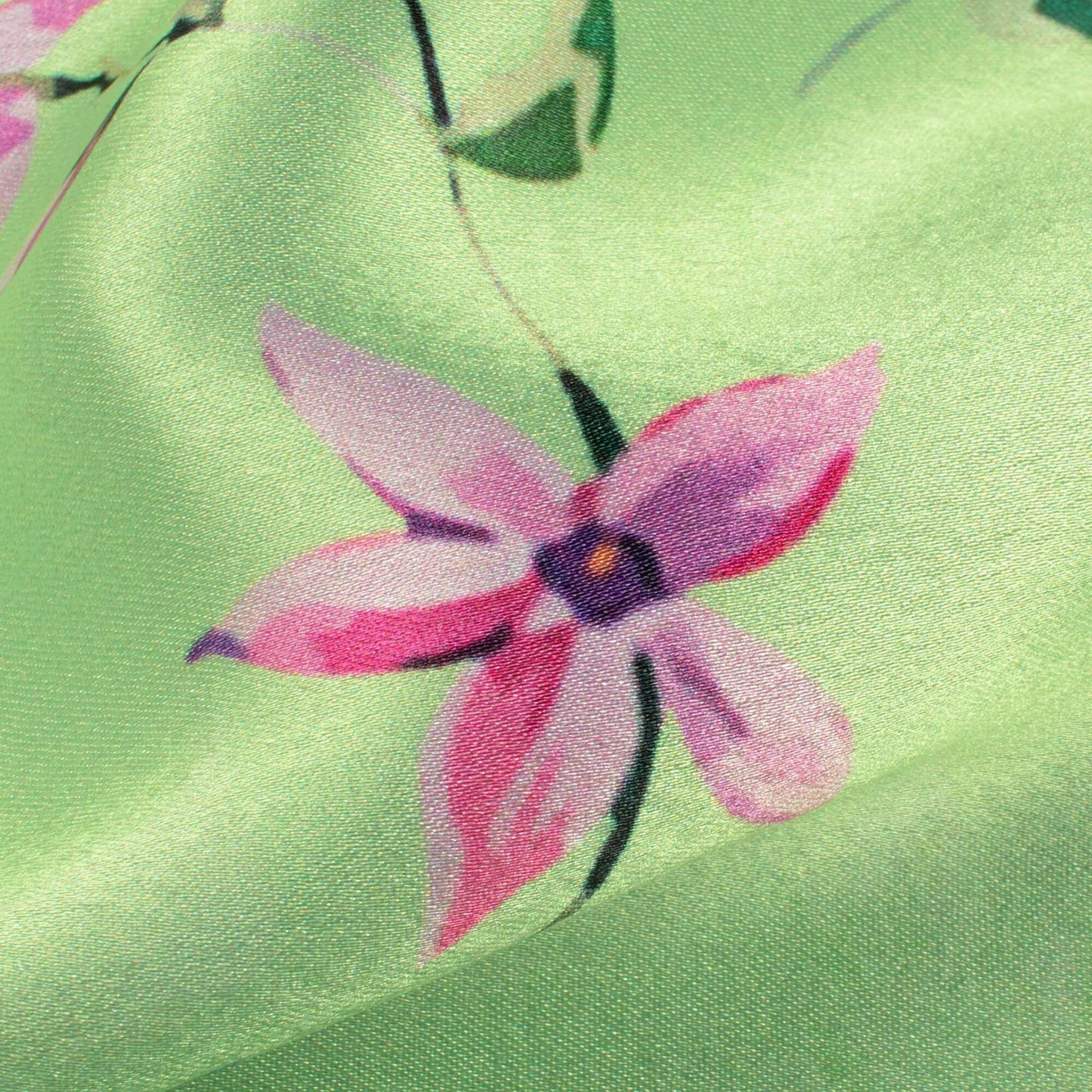 Lime Green And Creamy Pink Floral Pattern Digital Print Japan Satin Fabric - Fabcurate