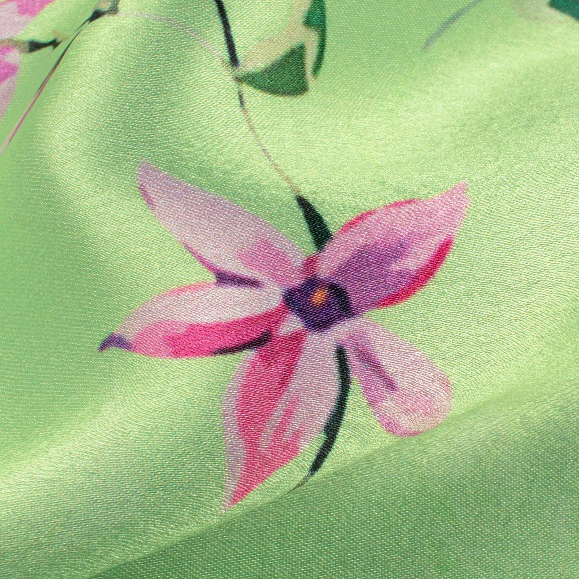 Lime Green And Creamy Pink Floral Pattern Digital Print Japan Satin Fabric - Fabcurate