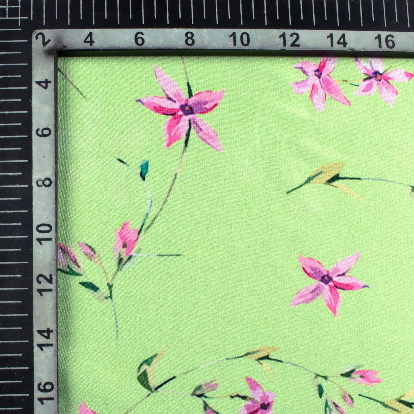 Lime Green And Creamy Pink Floral Pattern Digital Print Japan Satin Fabric - Fabcurate