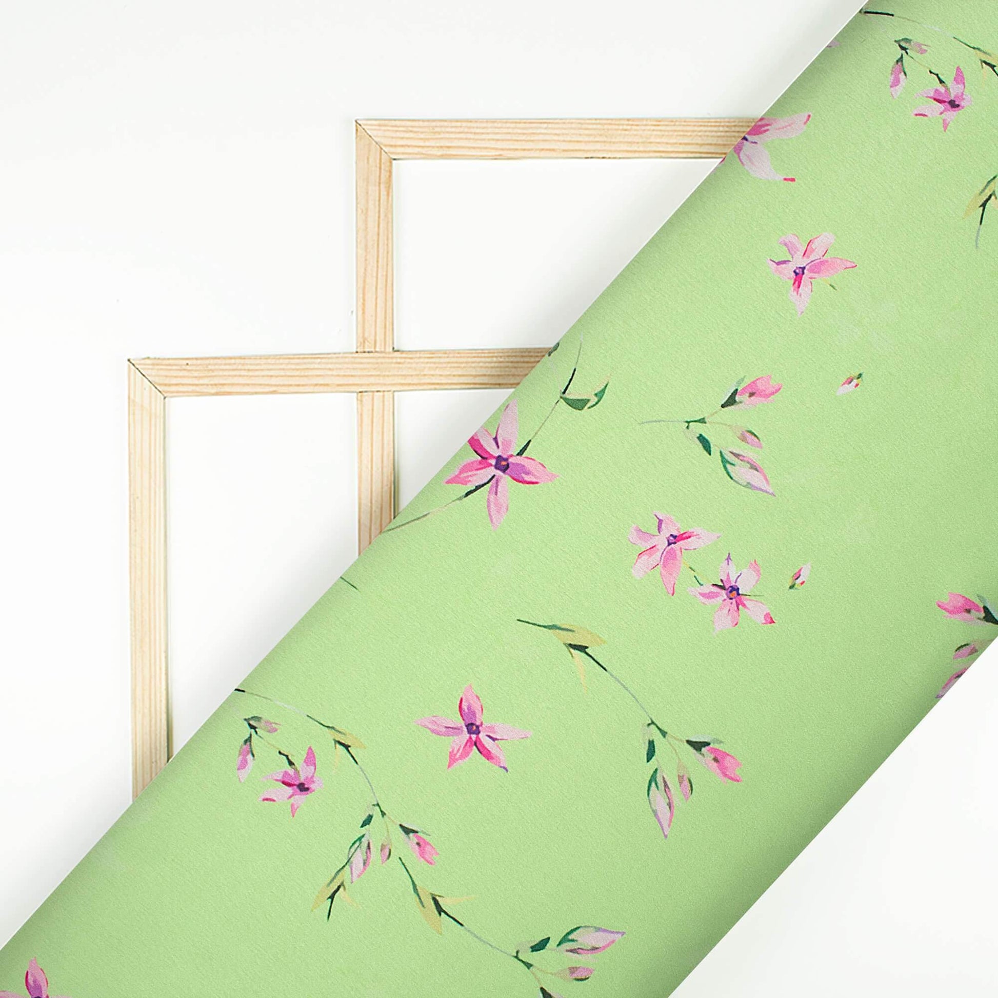 Lime Green And Creamy Pink Floral Pattern Digital Print Japan Satin Fabric - Fabcurate