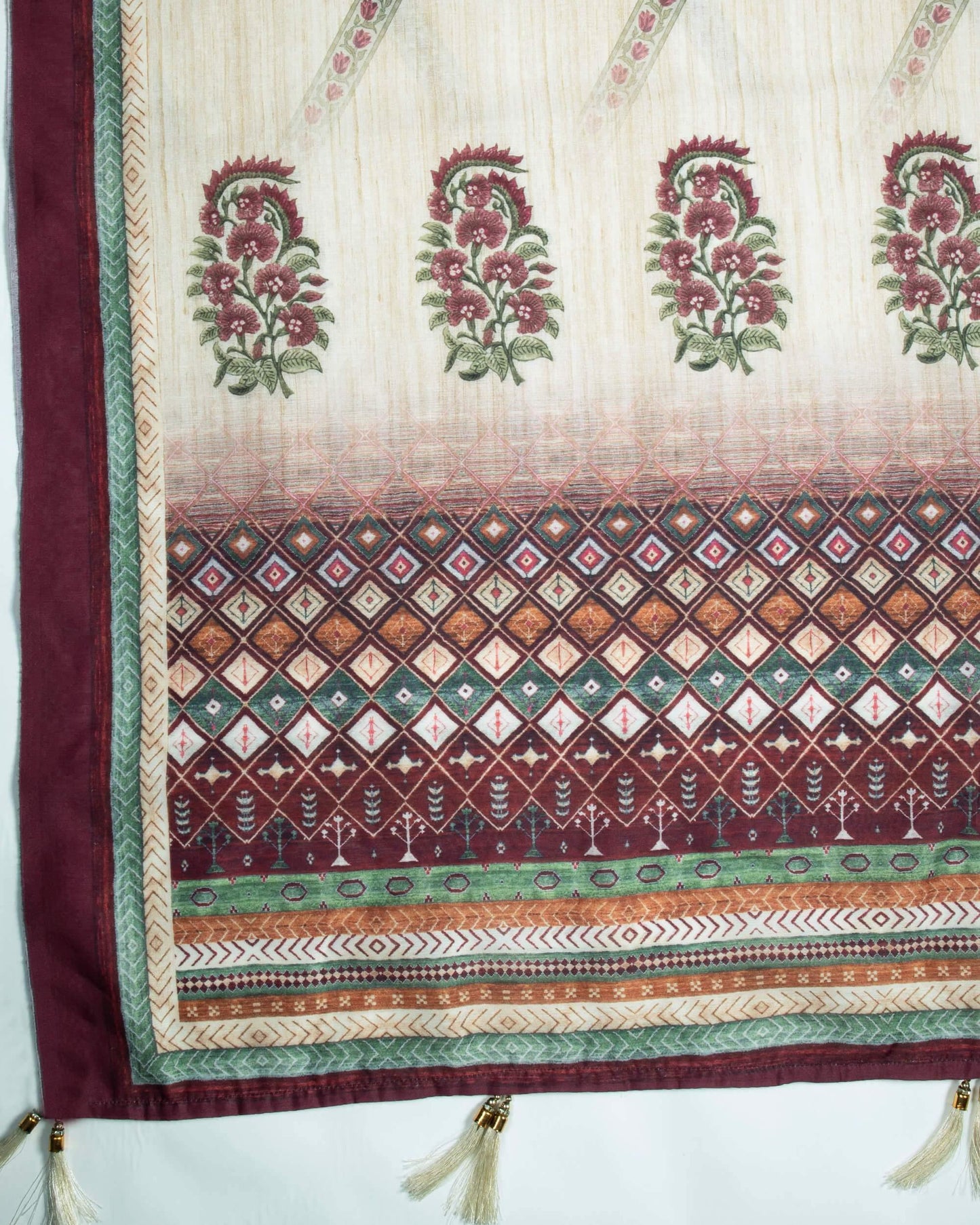 Maroon And Oat Beige Floral Pattren Digital Print Chanderi Dupatta With Tassels - Fabcurate