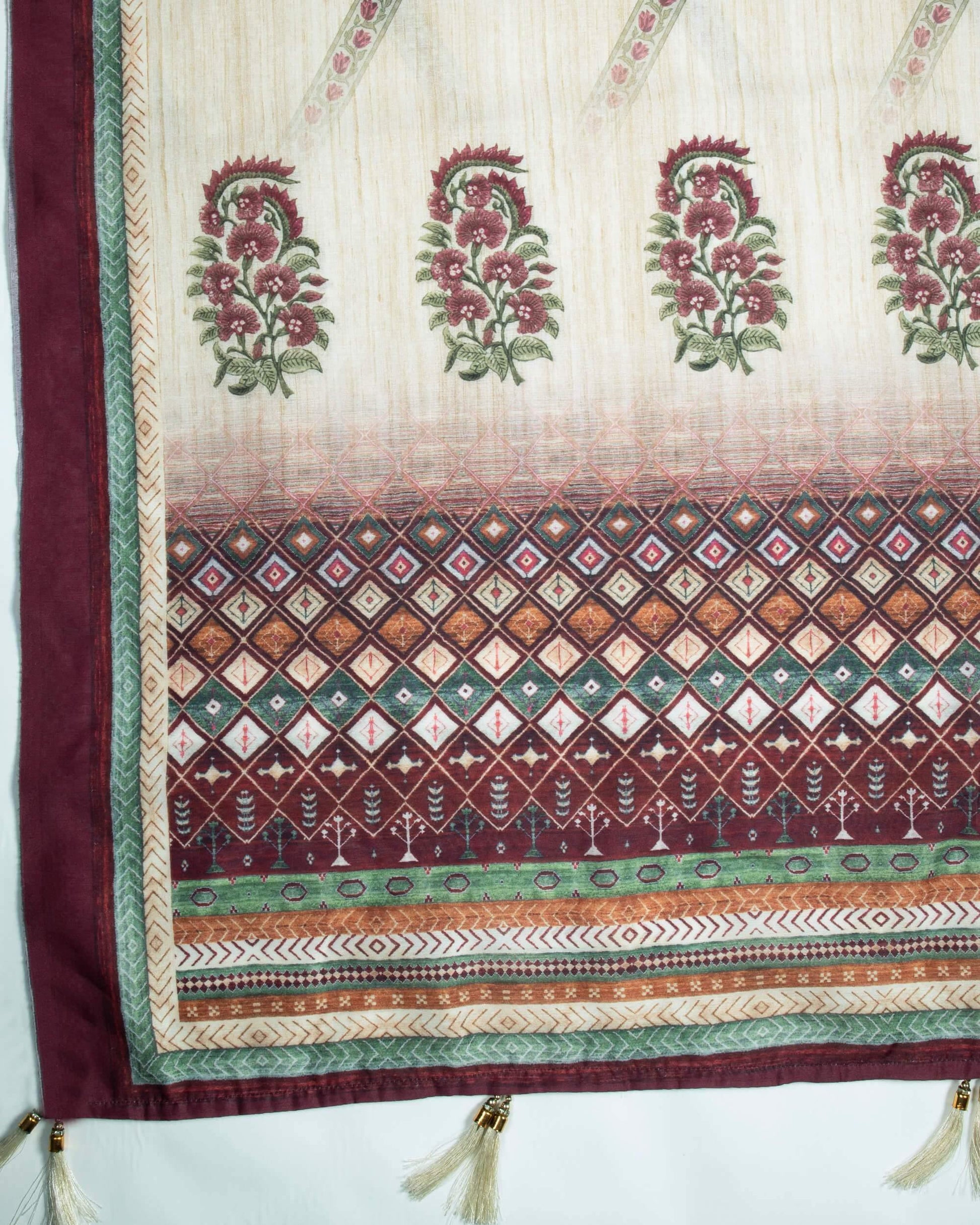 Maroon And Oat Beige Floral Pattren Digital Print Chanderi Dupatta With Tassels - Fabcurate