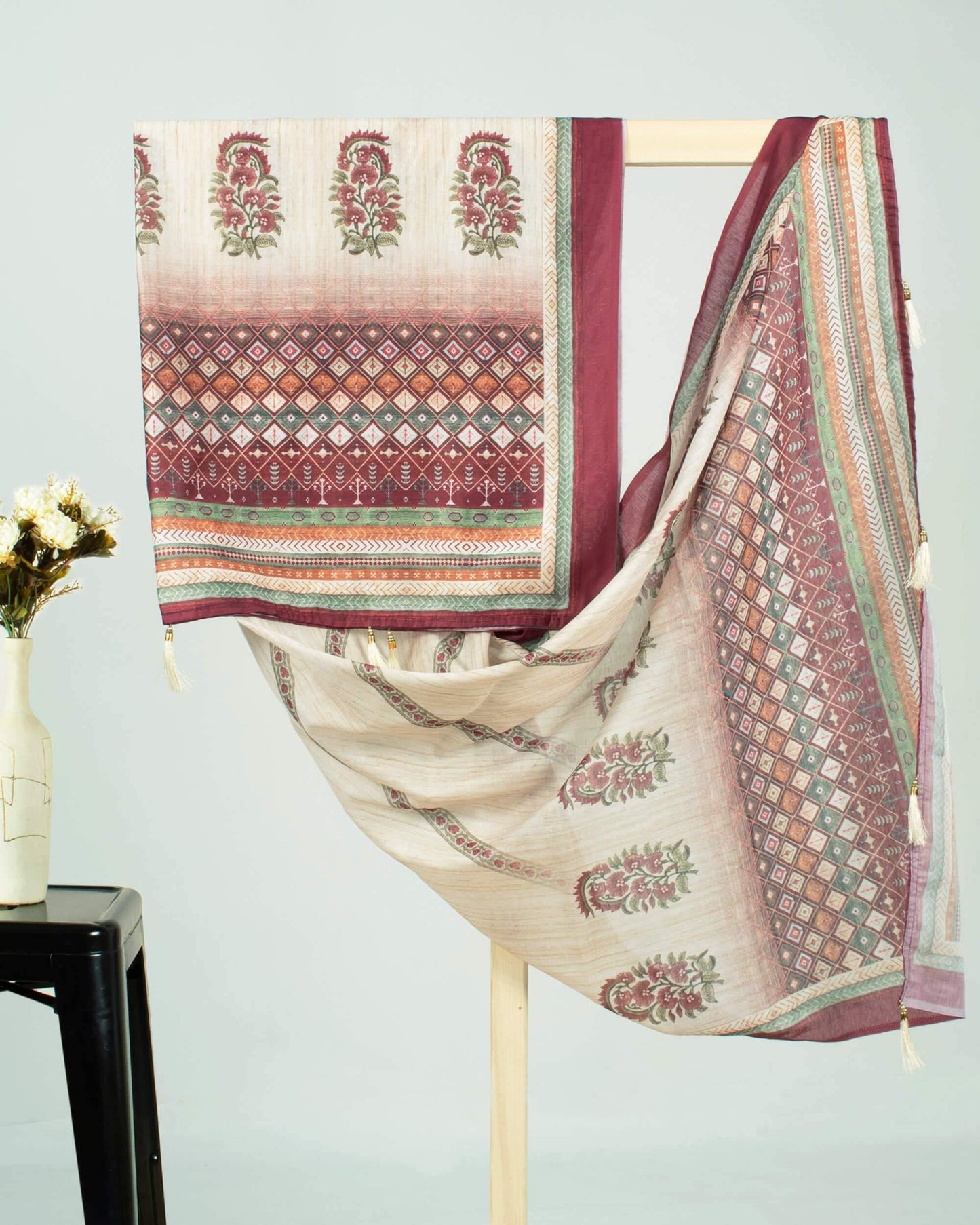 Maroon And Oat Beige Floral Pattren Digital Print Chanderi Dupatta With Tassels - Fabcurate