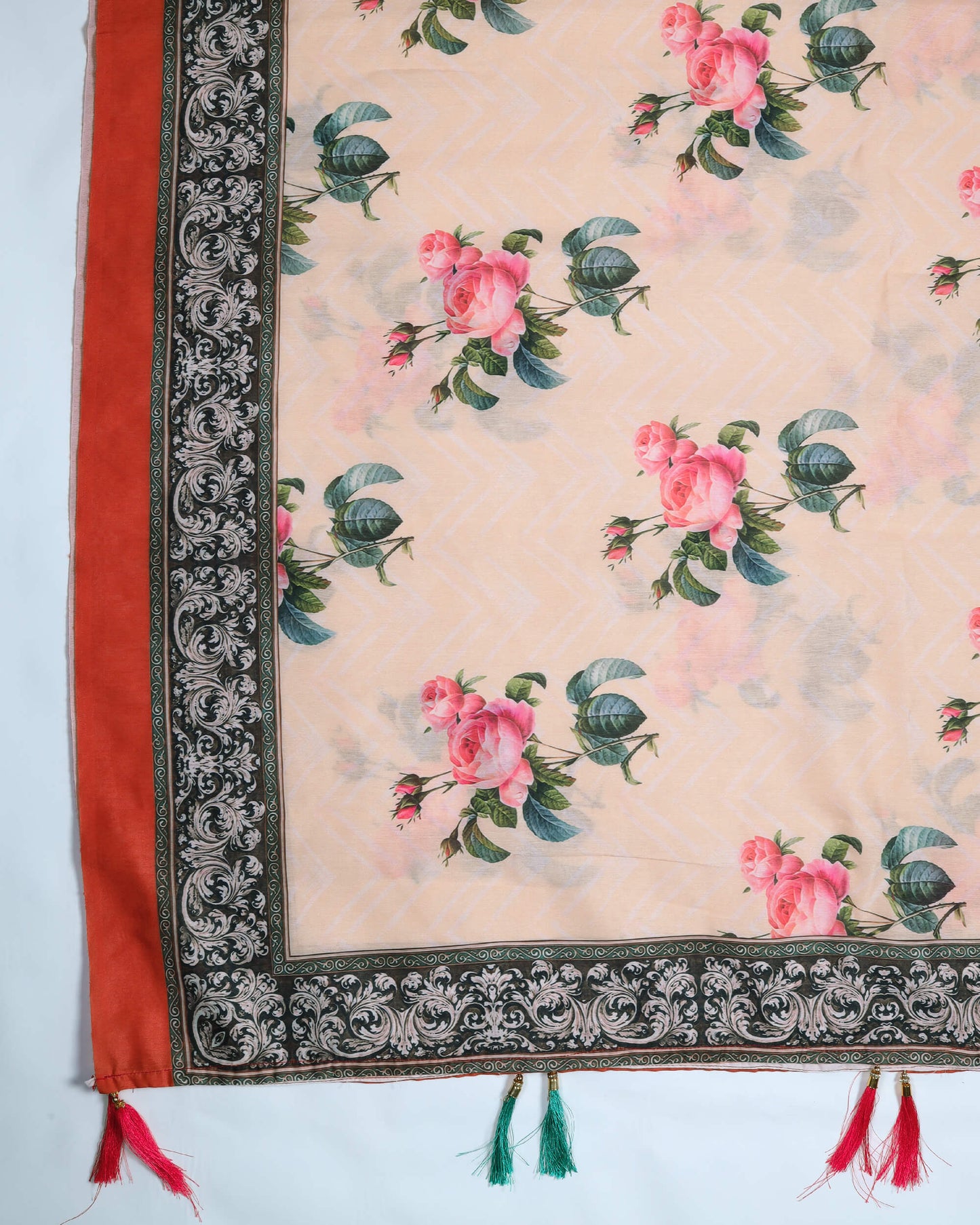 Burnt Orange And Pink Floral Pattren Digital Print Chanderi Dupatta With Tassels