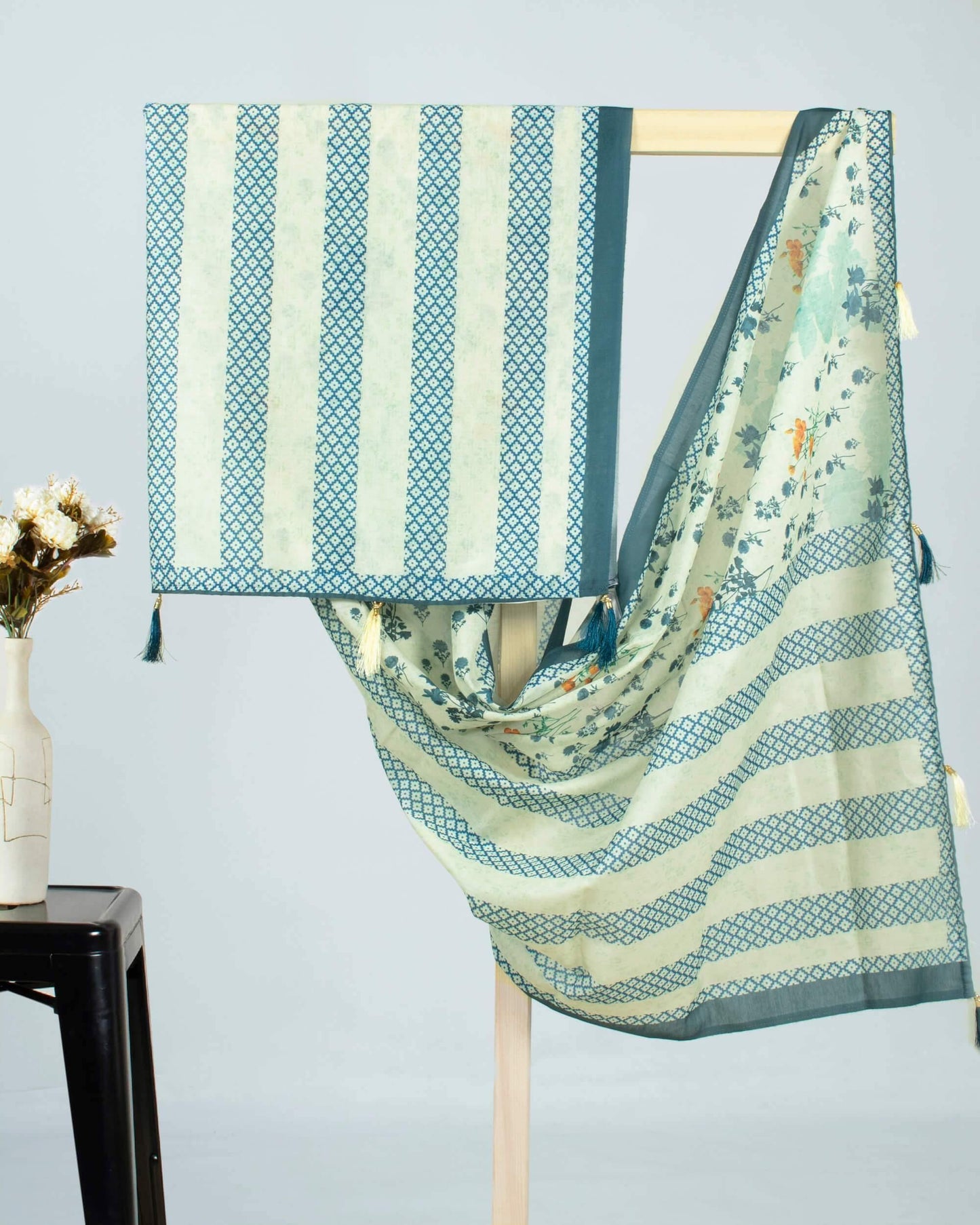 Bayoux Blue And Cream Floral Pattren Digital Print Chanderi Dupatta With Tassels - Fabcurate