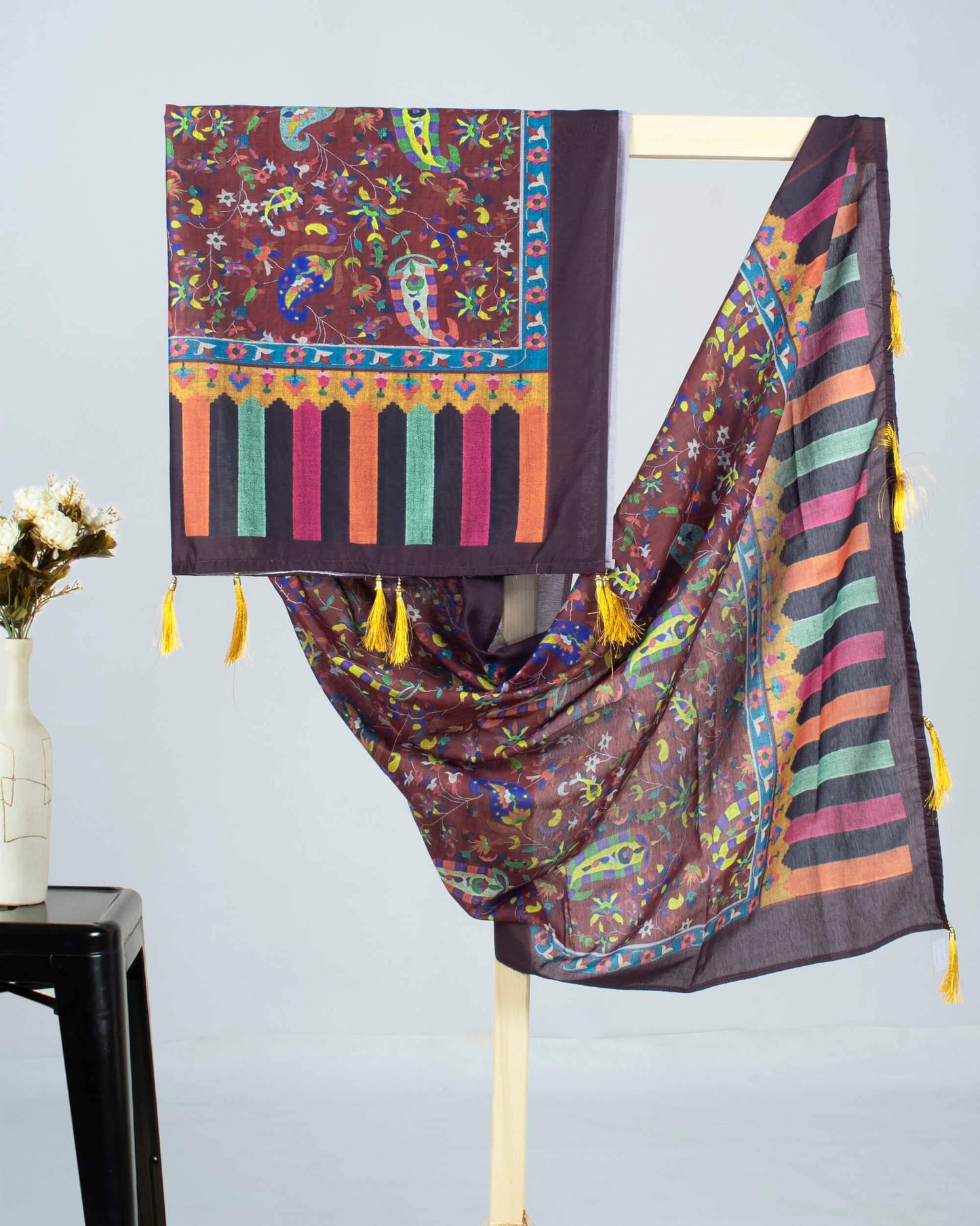 Maroon And Black Paisely Pattren Digital Print Chanderi Dupatta With Tassels - Fabcurate