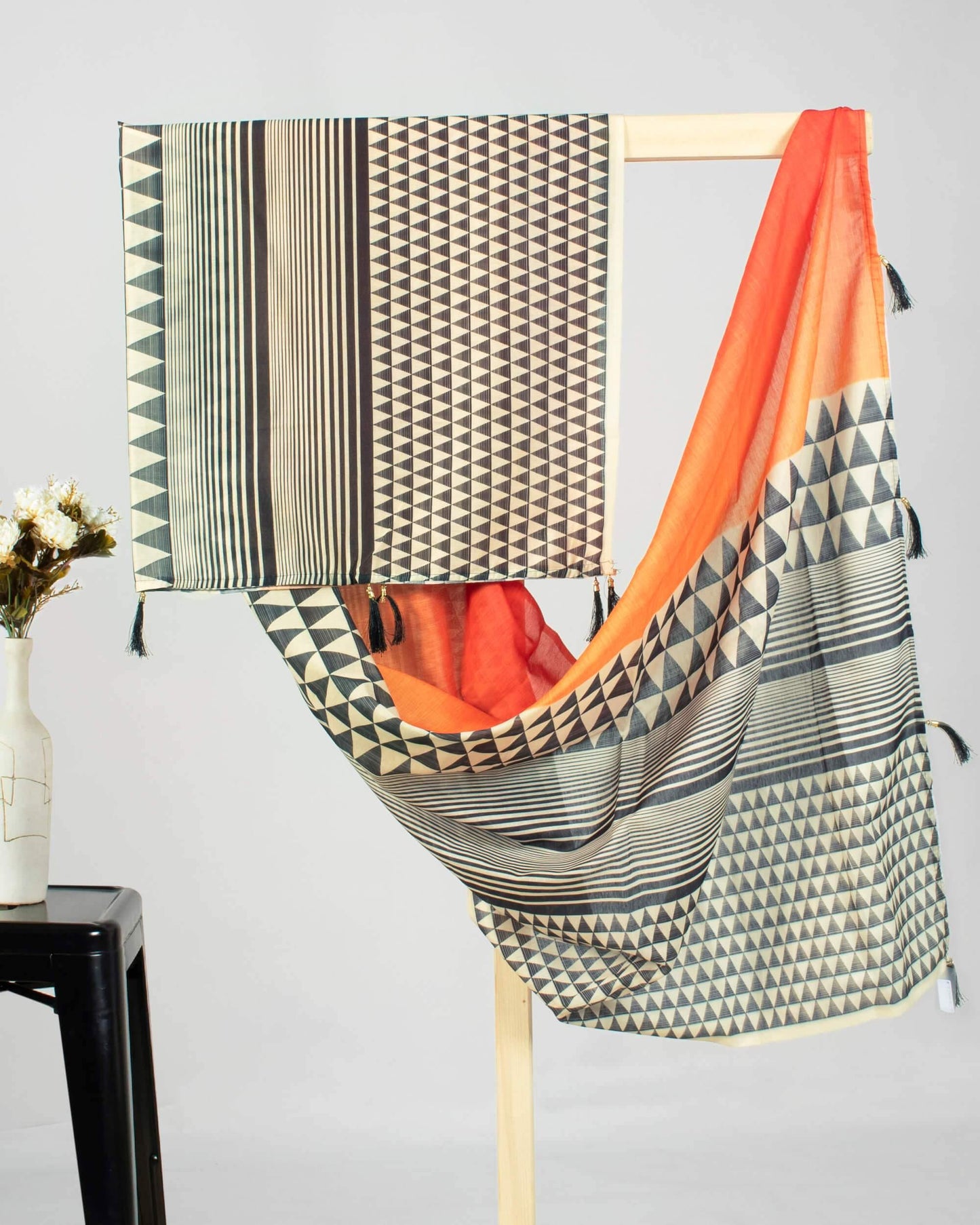 Black And Orange Geometric Pattren Digital Print Chanderi Dupatta With Tassels - Fabcurate