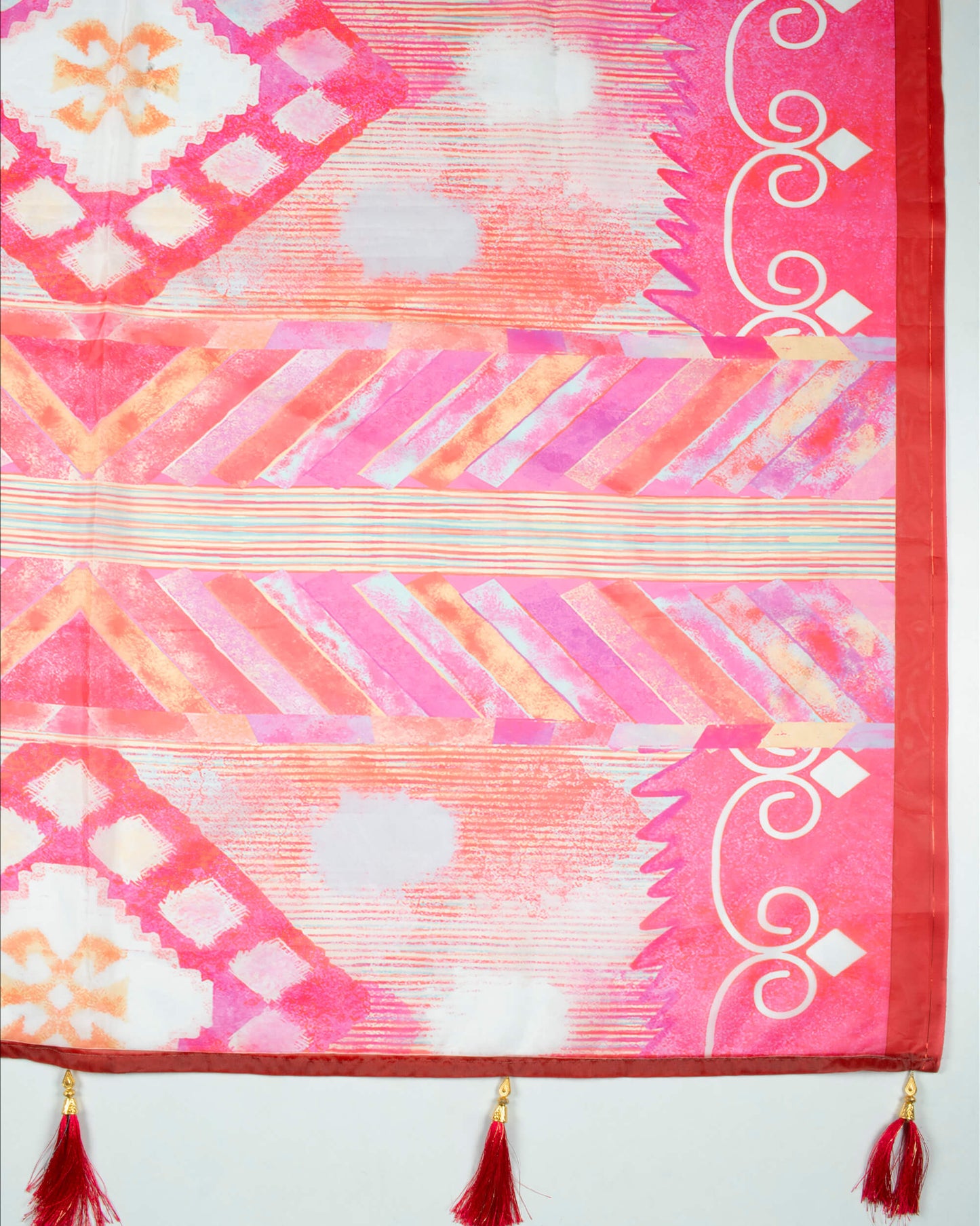 Pink And Marron Traditional Pattern Digital Print Organza Satin Dupatta With Tassels