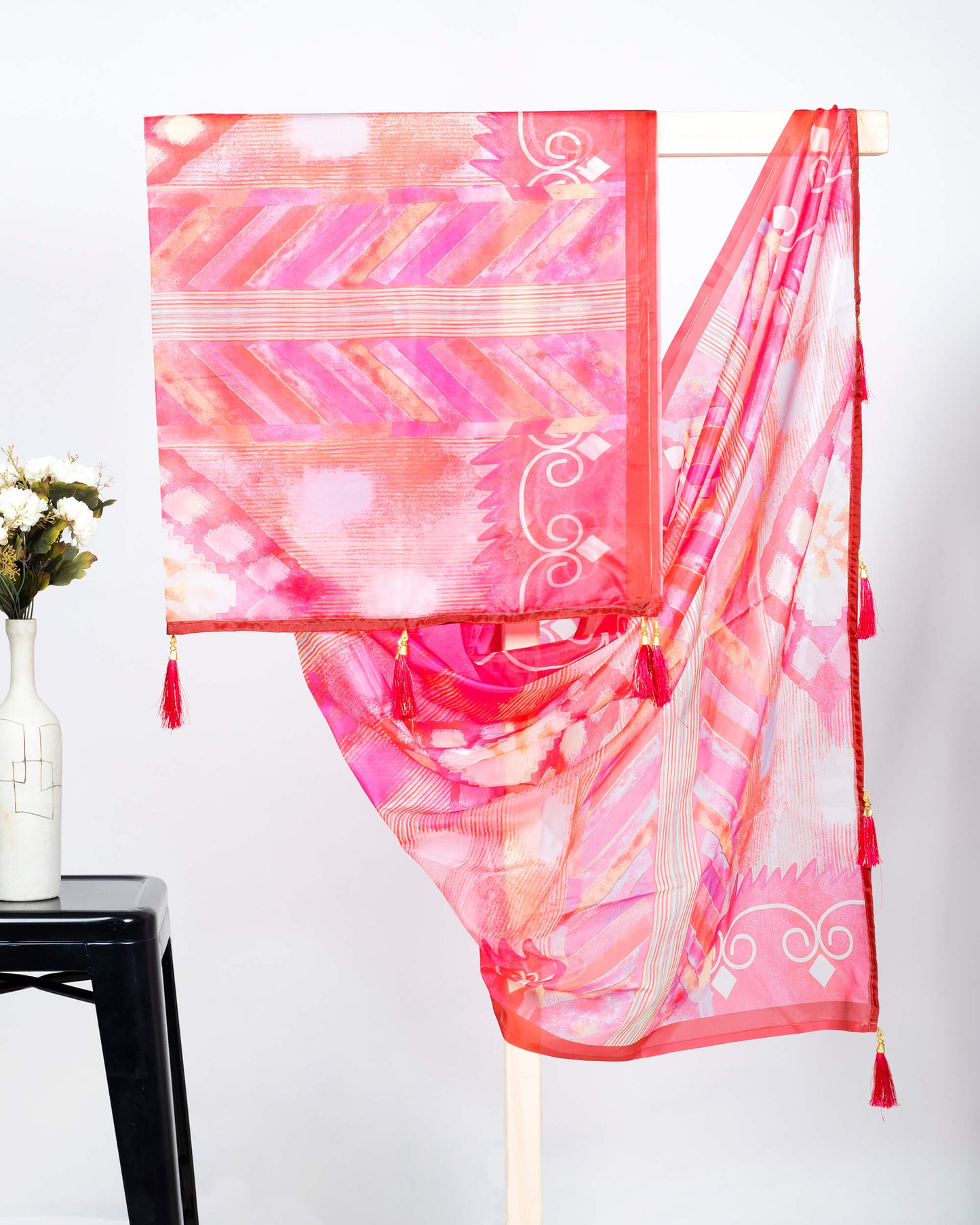 Pink And Marron Traditional Pattern Digital Print Organza Satin Dupatta With Tassels