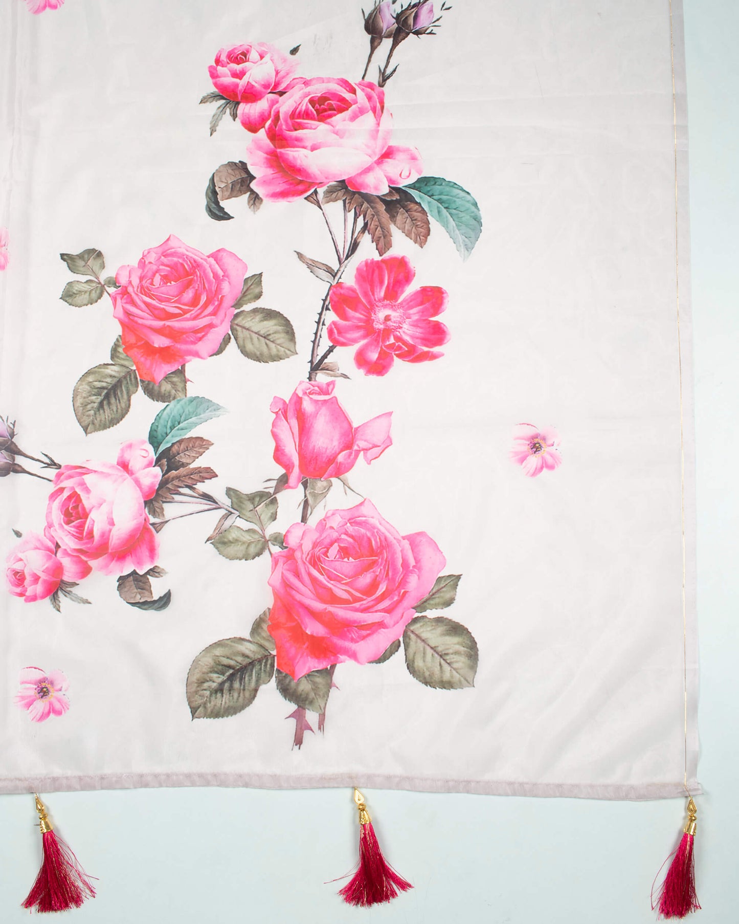 Off White And Hot Pink Floral Pattern Digital Print Organza Satin Dupatta With Tassels