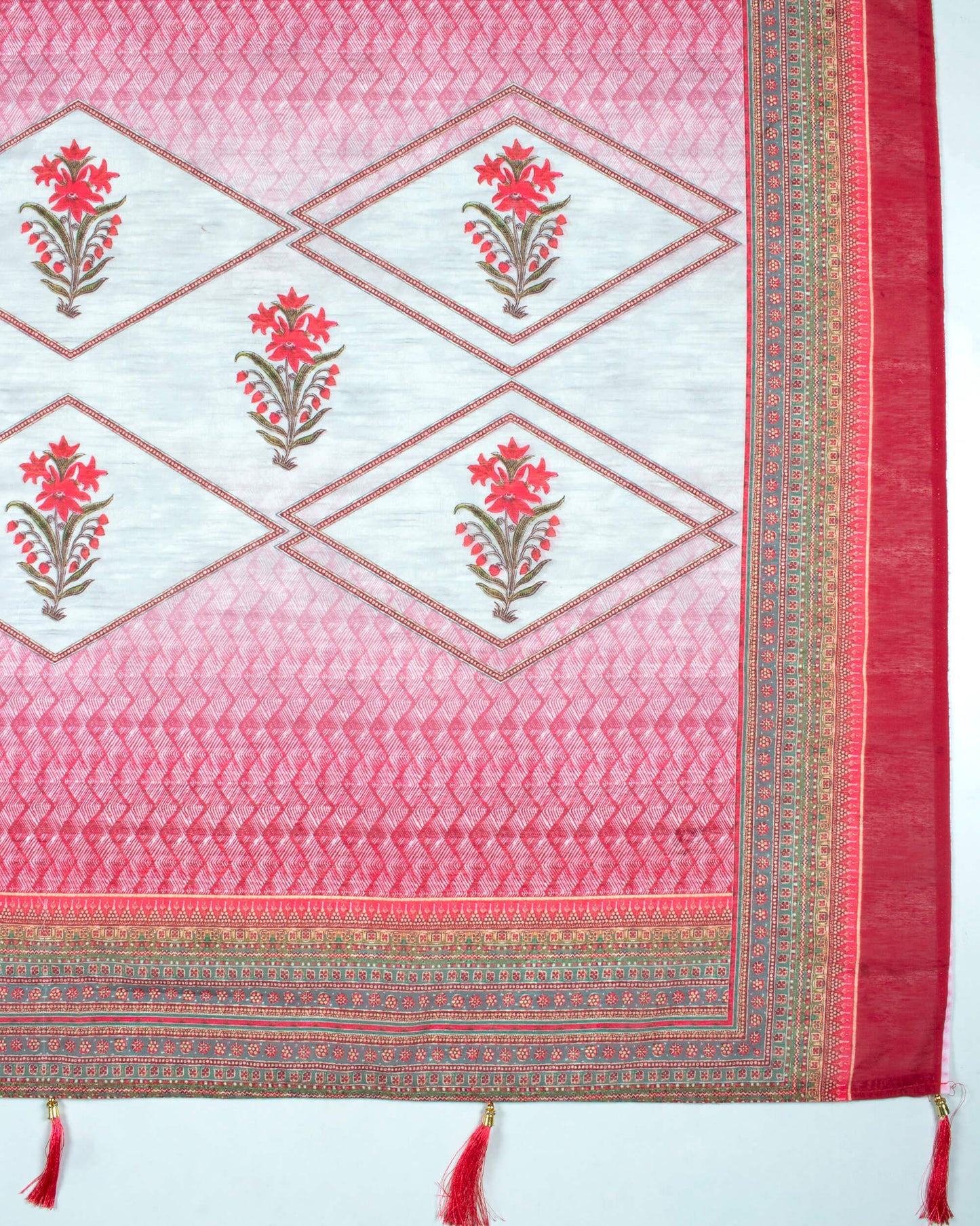 Maroon And White Floral Pattren Digital Print Chanderi Dupatta With Tassels
