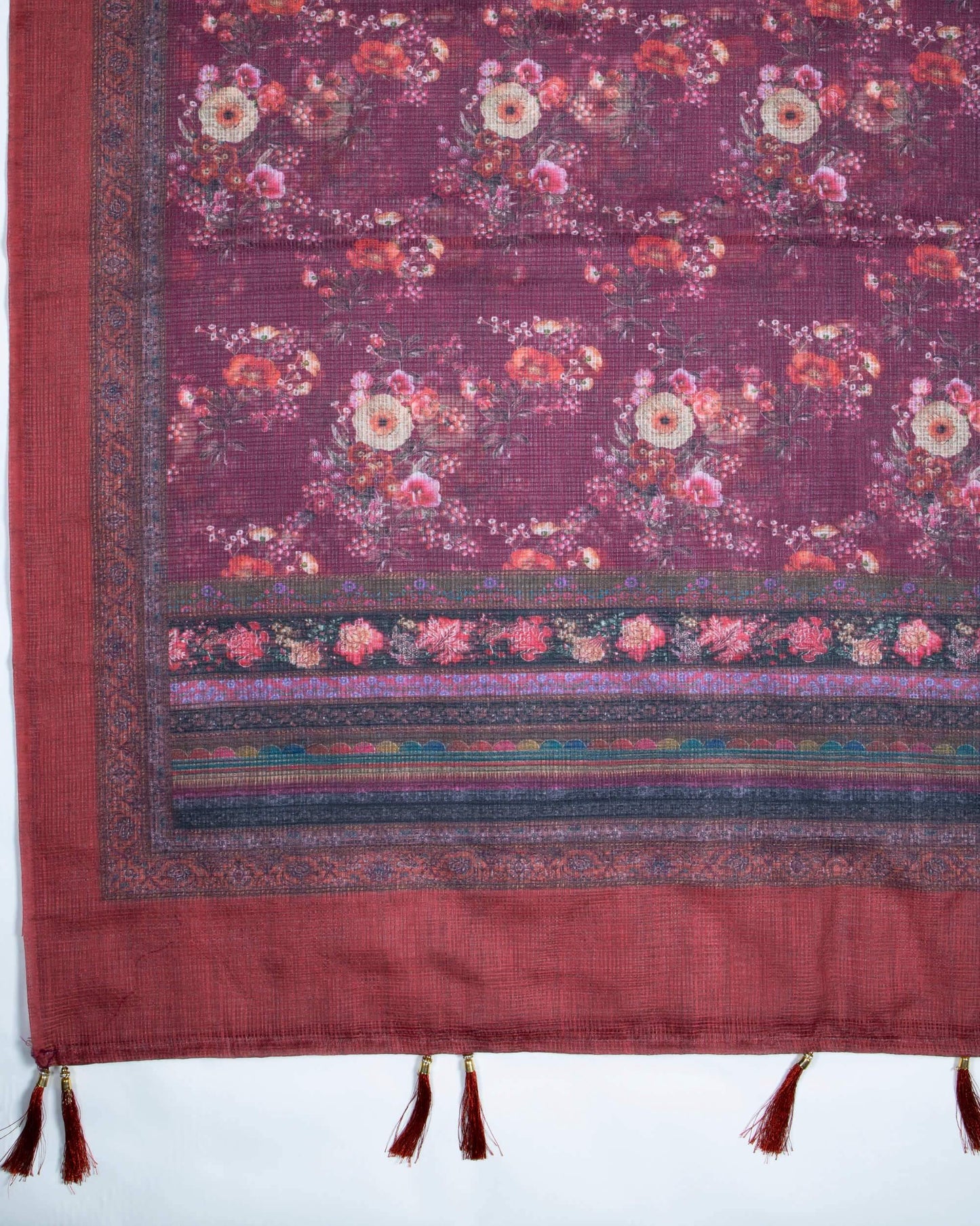 Maroon And Hippie Pink Floral Pattern Digital Print Kota Doria Dupatta With Tassels - Fabcurate