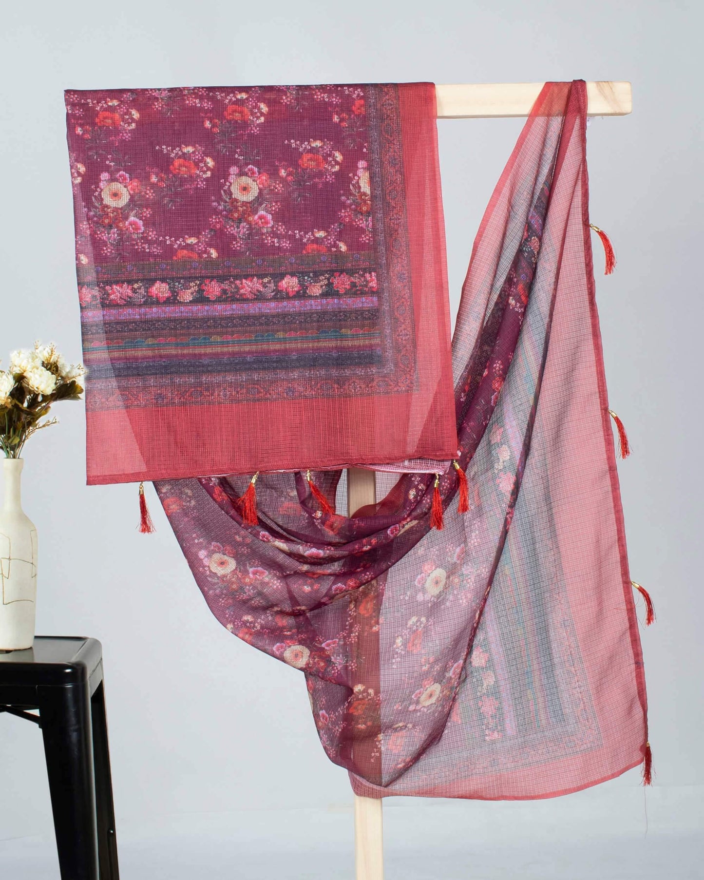 Maroon And Hippie Pink Floral Pattern Digital Print Kota Doria Dupatta With Tassels - Fabcurate