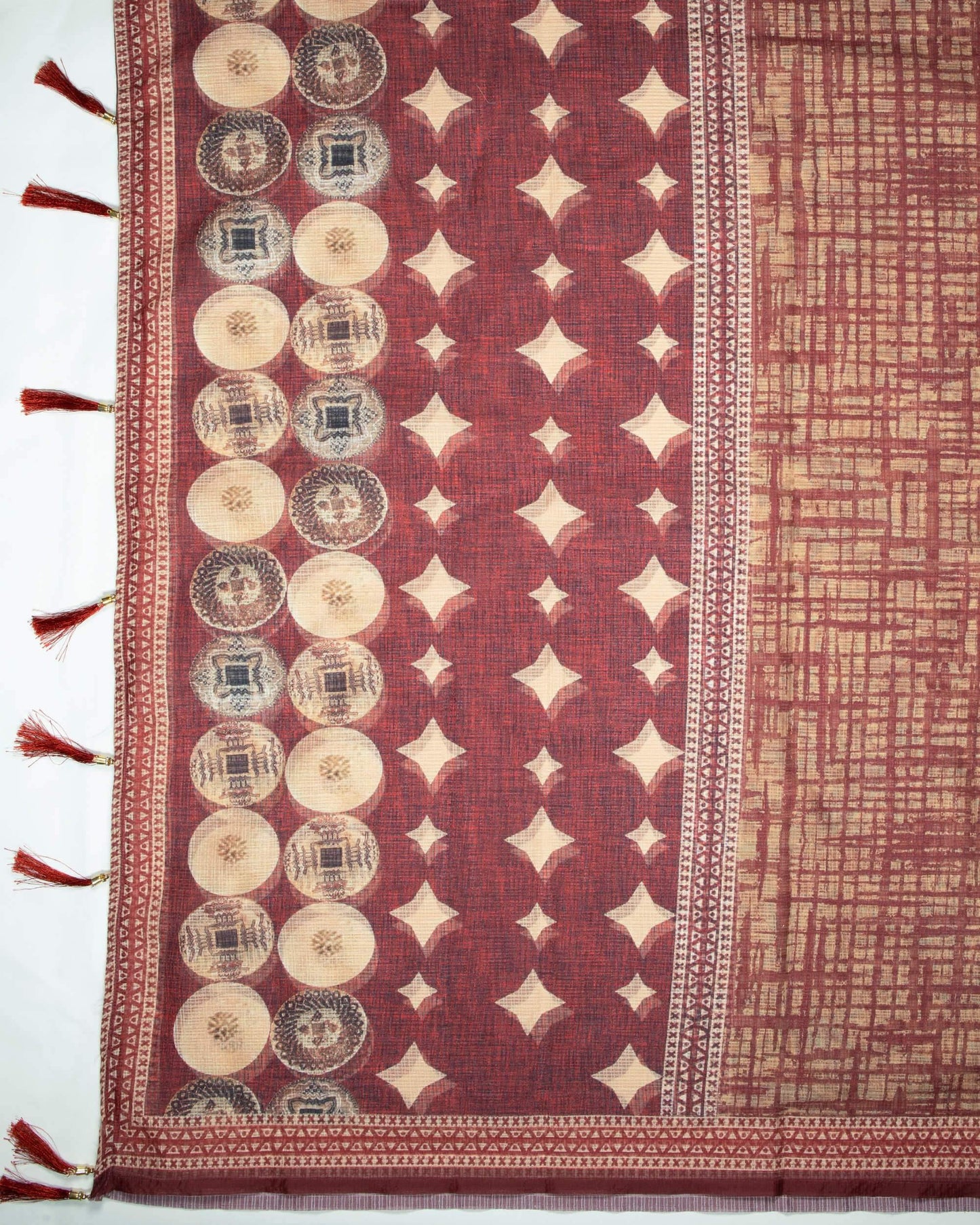 Maroon And Oyster Beige Brush Pattern Digital Print Kota Doria Dupatta With Tassels - Fabcurate