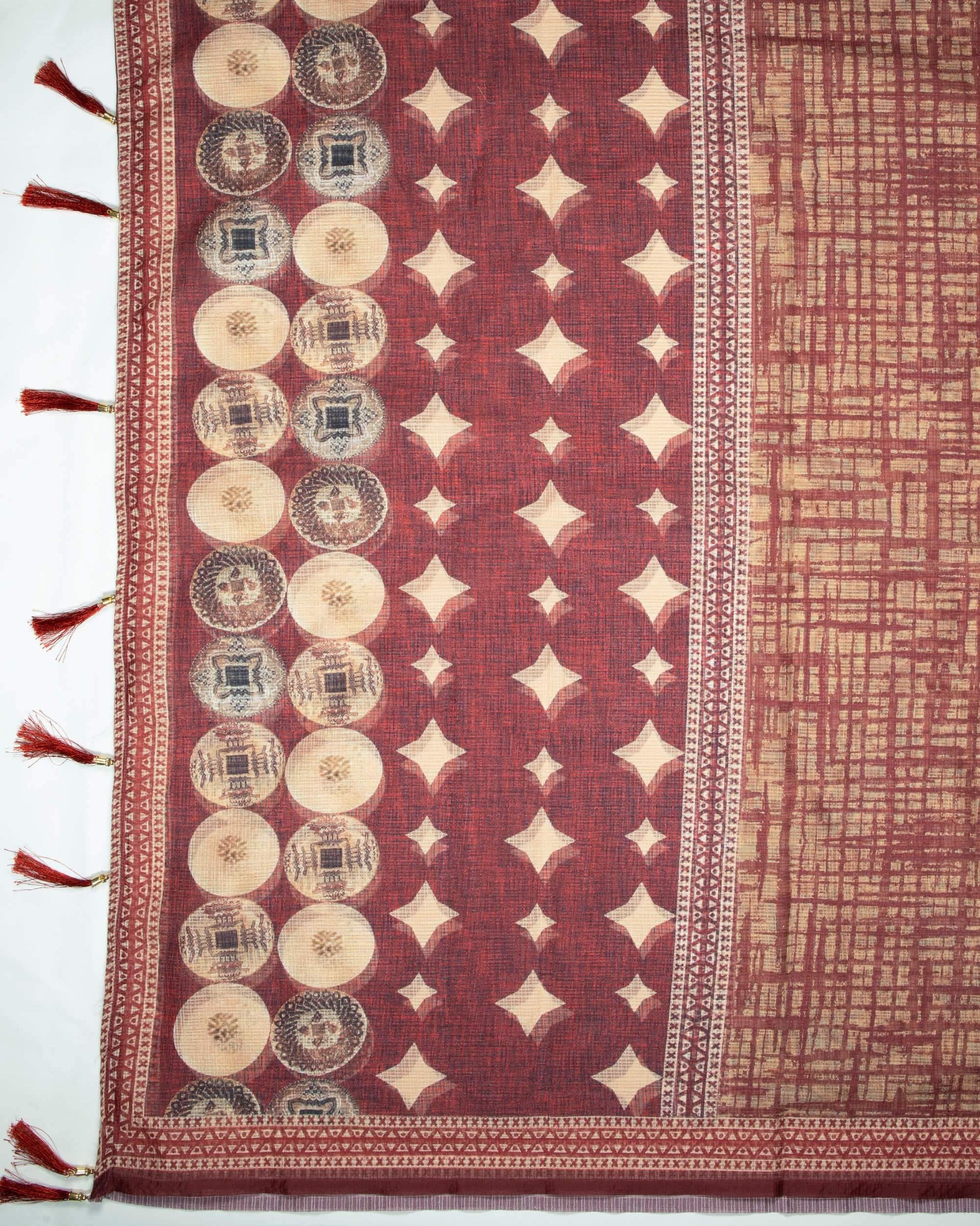 Maroon And Oyster Beige Brush Pattern Digital Print Kota Doria Dupatta With Tassels - Fabcurate