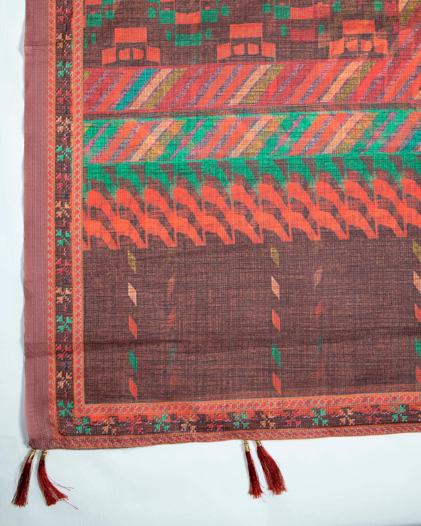 Orange And Green Abstract Pattern Digital Print Kota Doria Dupatta With Tassels - Fabcurate