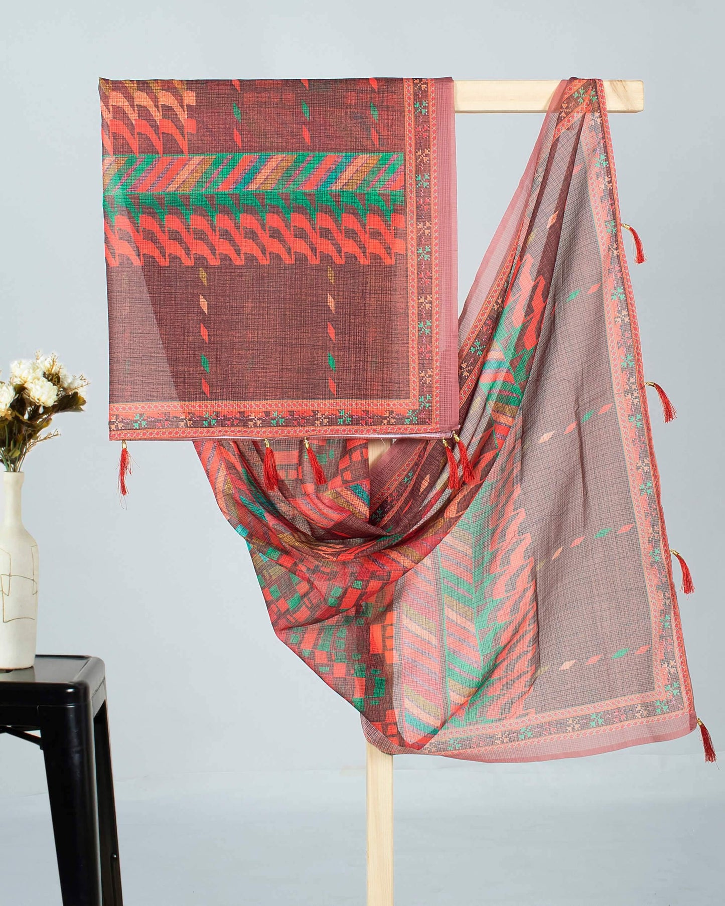 Orange And Green Abstract Pattern Digital Print Kota Doria Dupatta With Tassels - Fabcurate