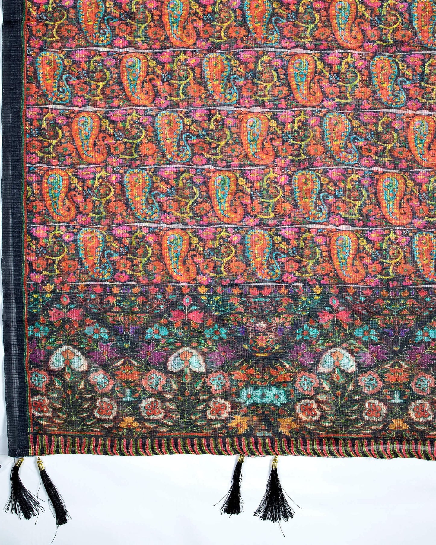 Black And Orange Paisely Pattern Digital Print Kota Doria Dupatta With Tassels - Fabcurate
