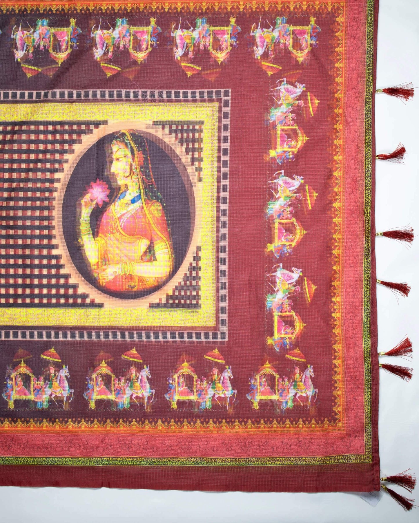 Maroon And Yellow Quirky Pattern Digital Print Kota Doria Dupatta With Tassels - Fabcurate