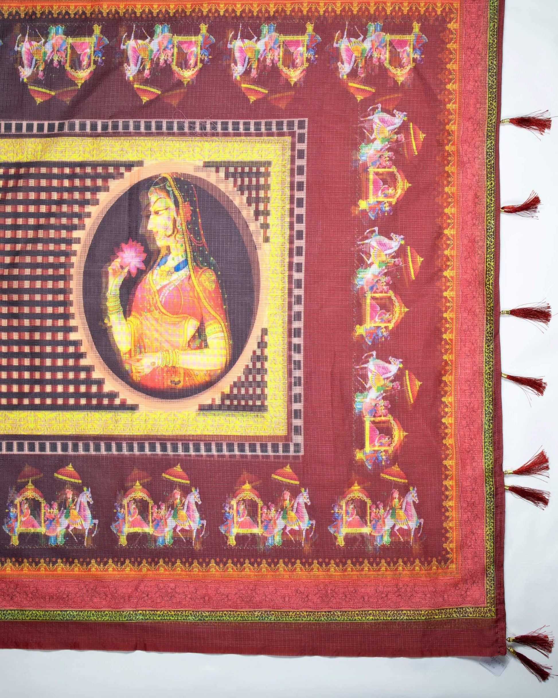 Maroon And Yellow Quirky Pattern Digital Print Kota Doria Dupatta With Tassels - Fabcurate