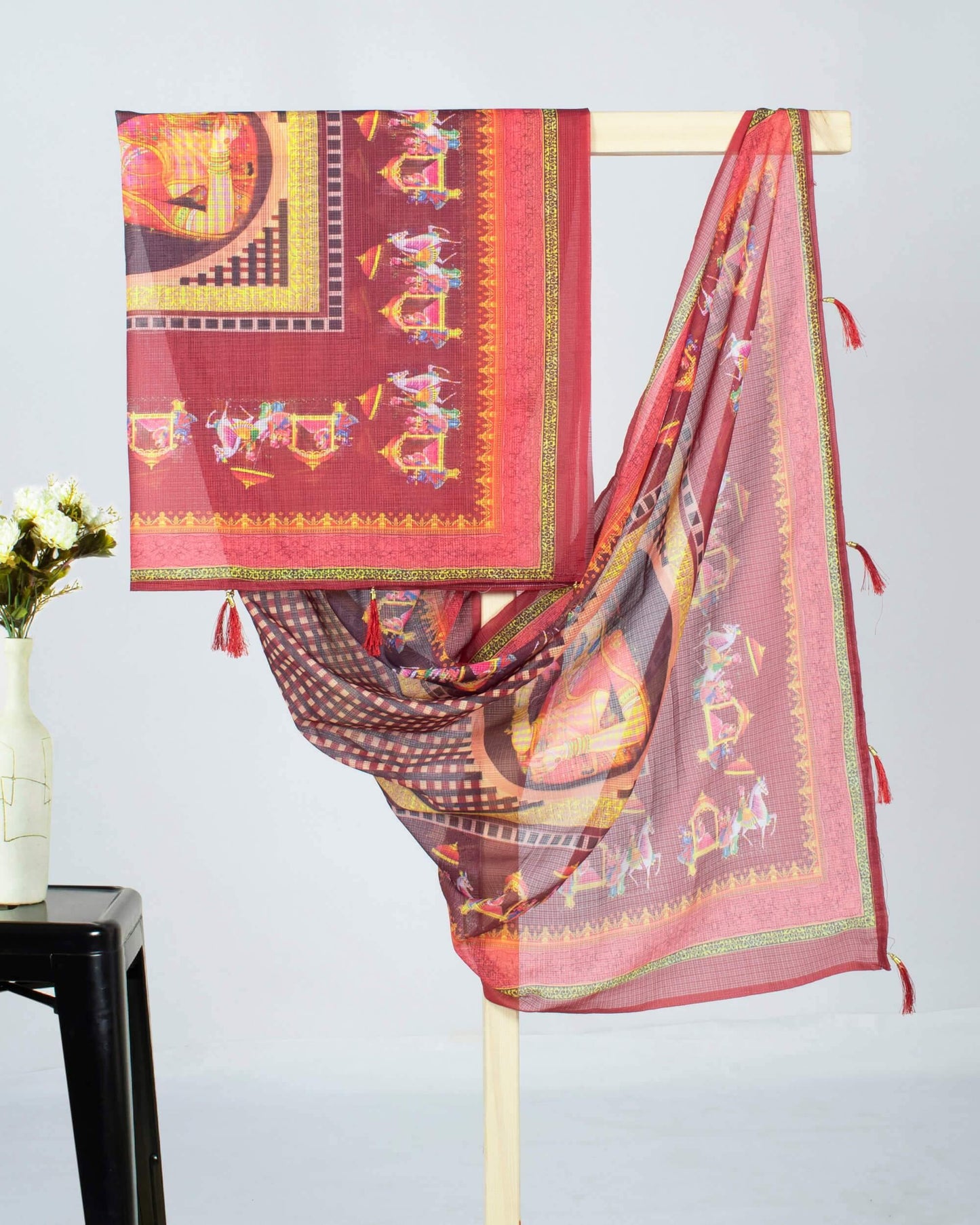 Maroon And Yellow Quirky Pattern Digital Print Kota Doria Dupatta With Tassels - Fabcurate