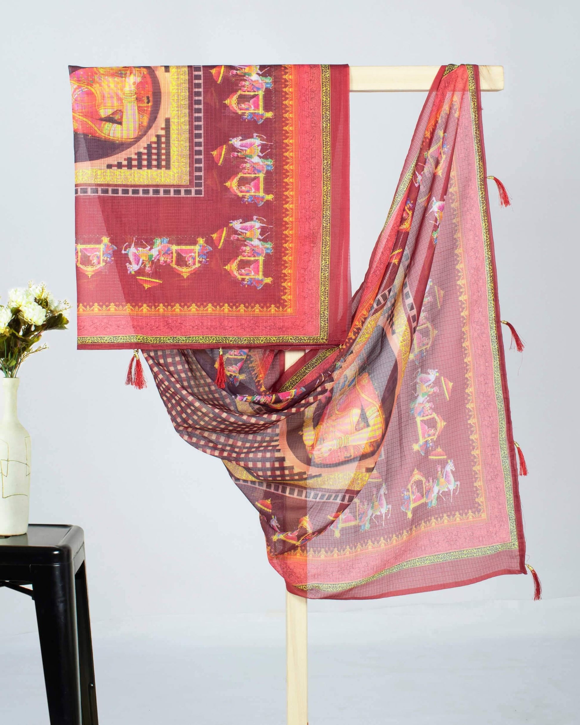 Maroon And Yellow Quirky Pattern Digital Print Kota Doria Dupatta With Tassels - Fabcurate