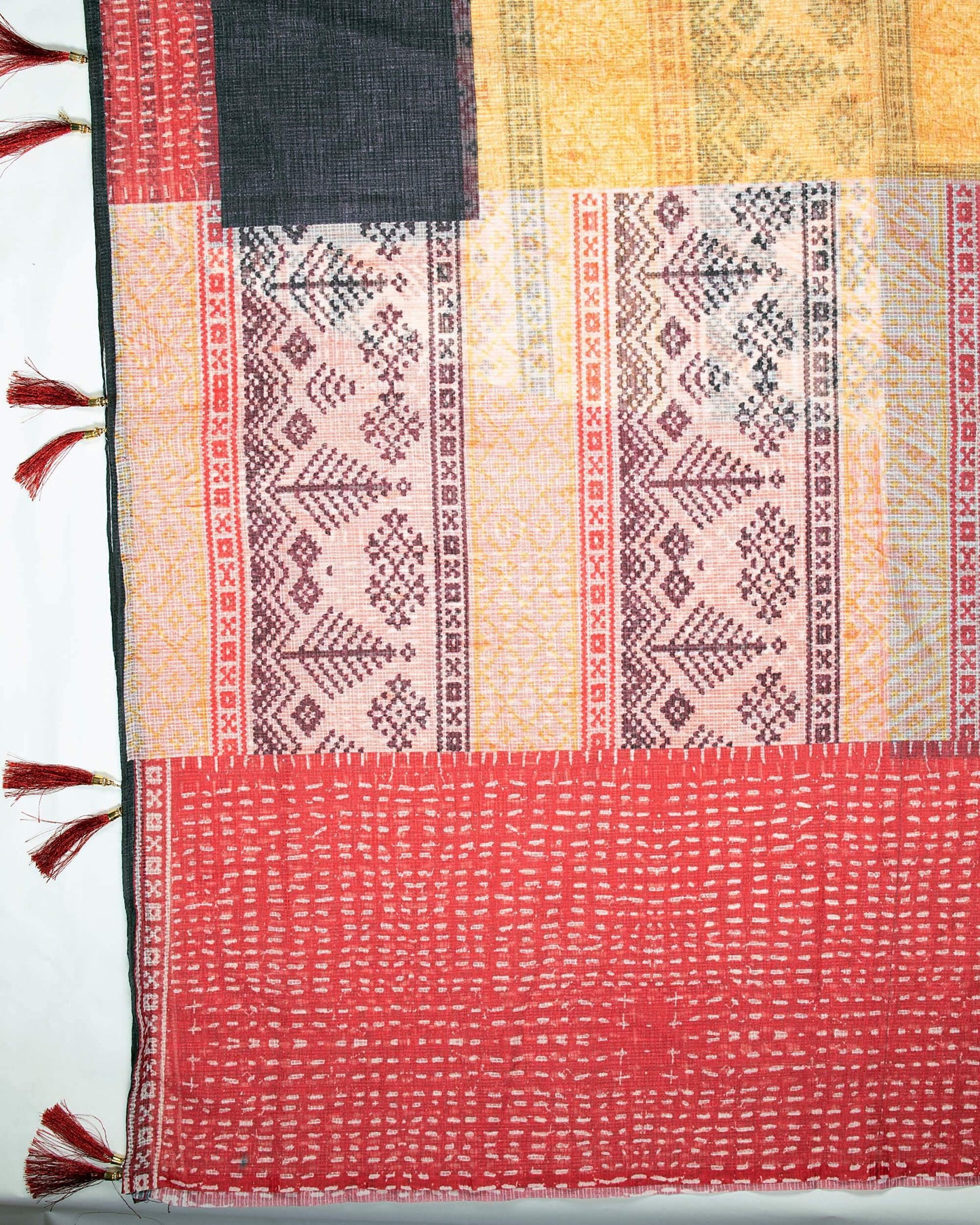 Red And Trombone Yellow Chavron Pattern Digital Print Kota Doria Dupatta With Tassels - Fabcurate