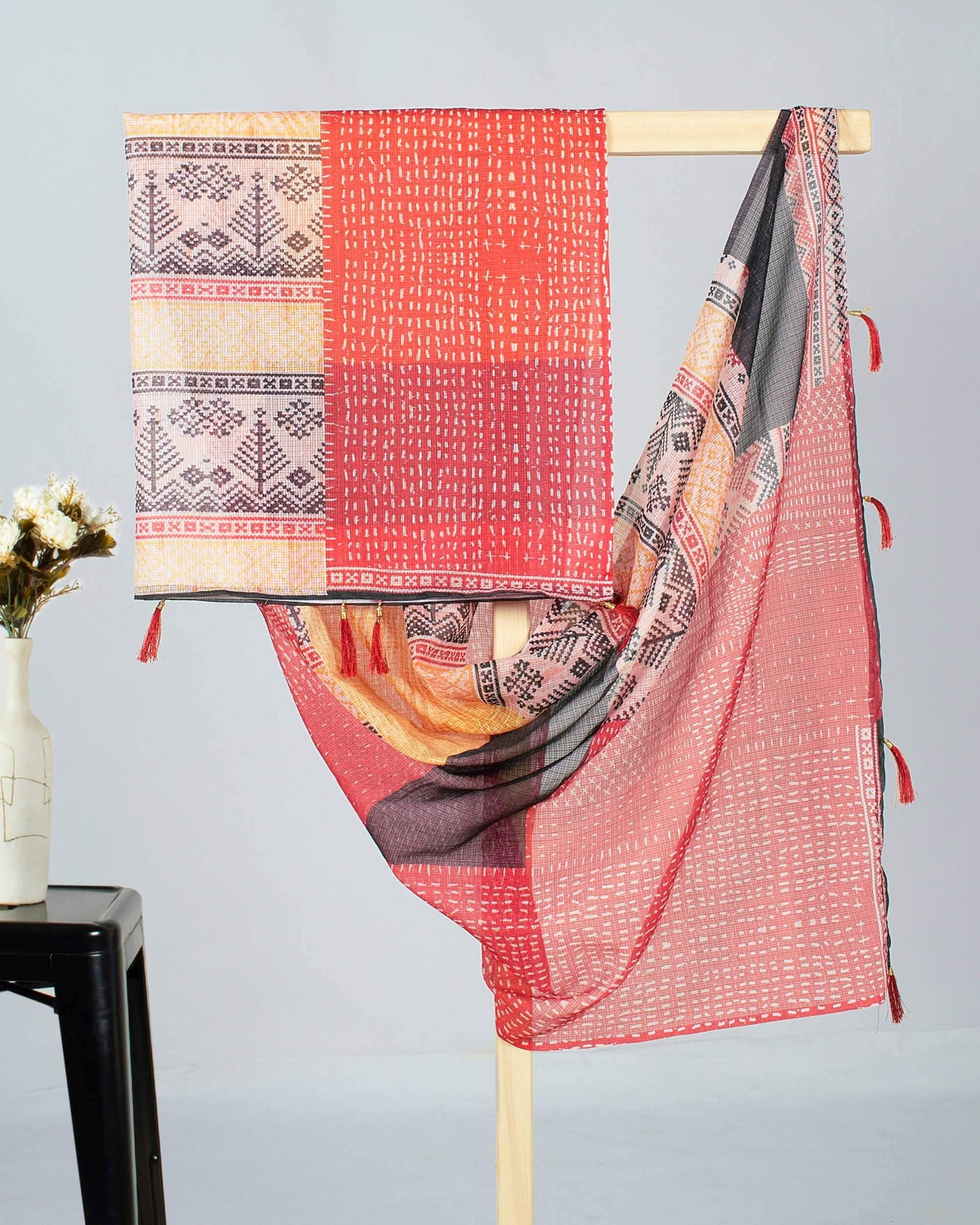 Red And Trombone Yellow Chavron Pattern Digital Print Kota Doria Dupatta With Tassels - Fabcurate