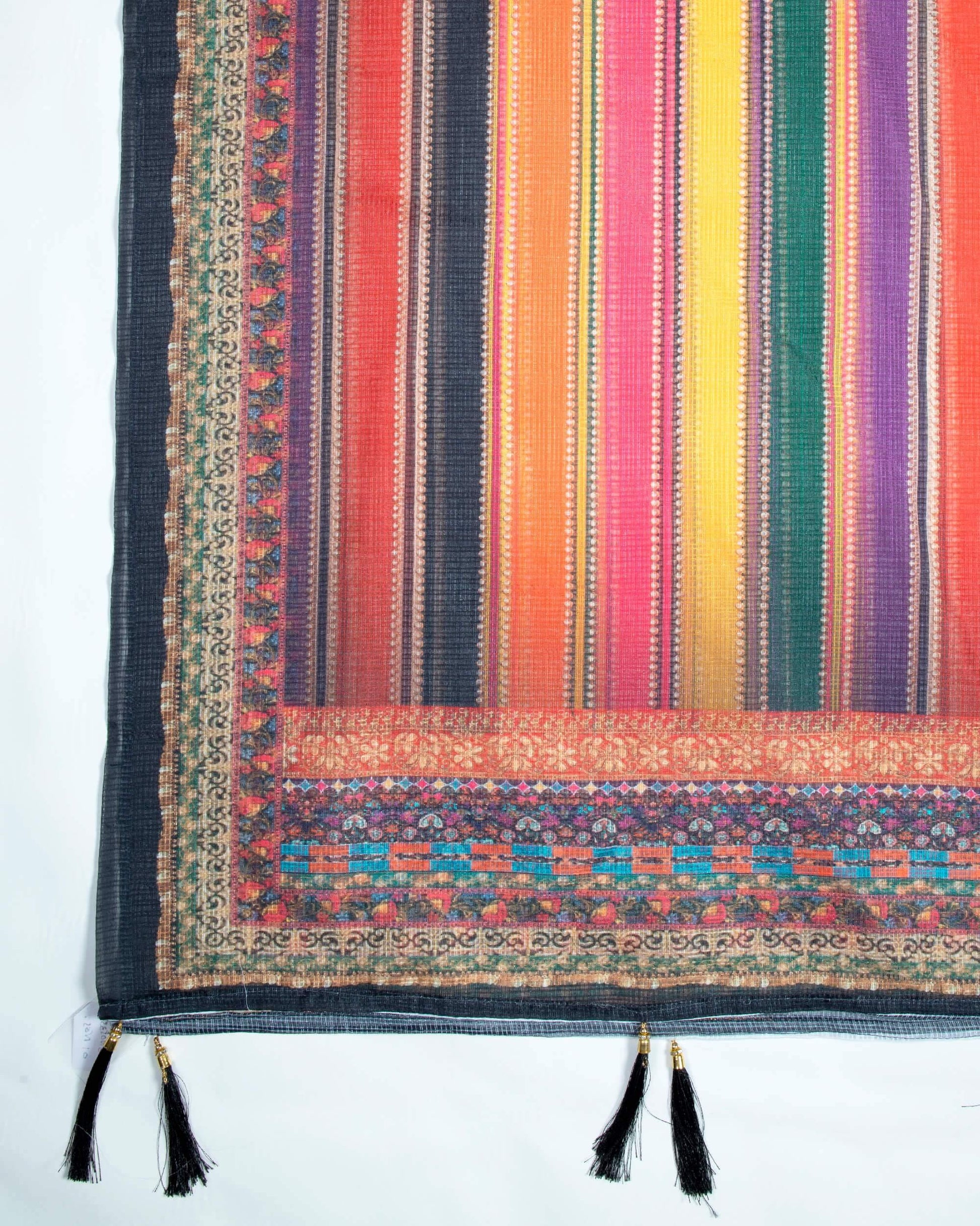 Multi-Color Stripes Pattern Digital Print Kota Doria Dupatta With Tassels - Fabcurate