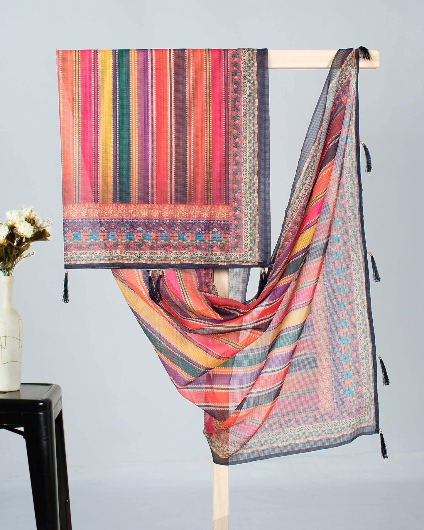 Multi-Color Stripes Pattern Digital Print Kota Doria Dupatta With Tassels - Fabcurate