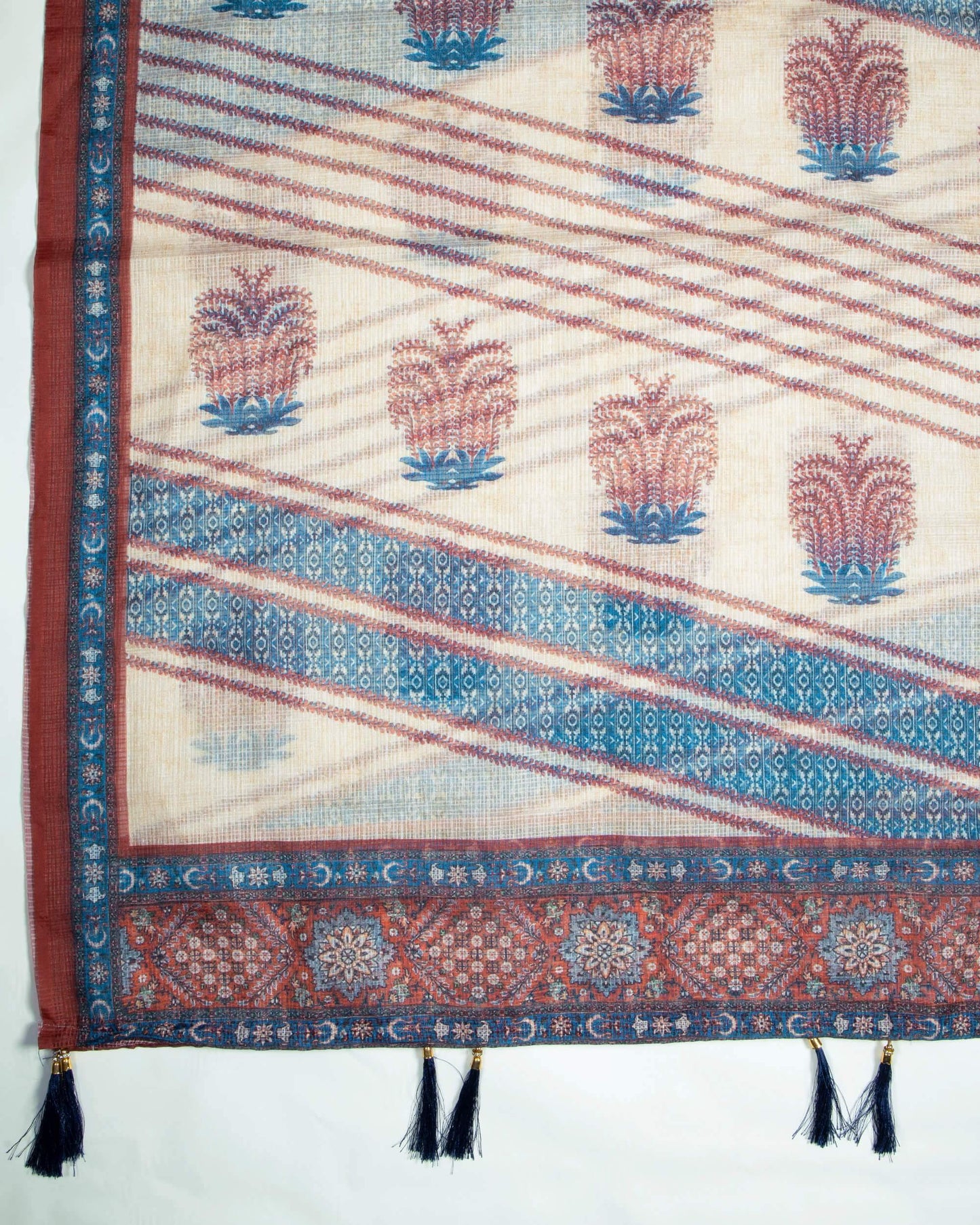 Seal Brown And Yale Blue Floral Pattern Digital Print Kota Doria Dupatta With Tassels - Fabcurate