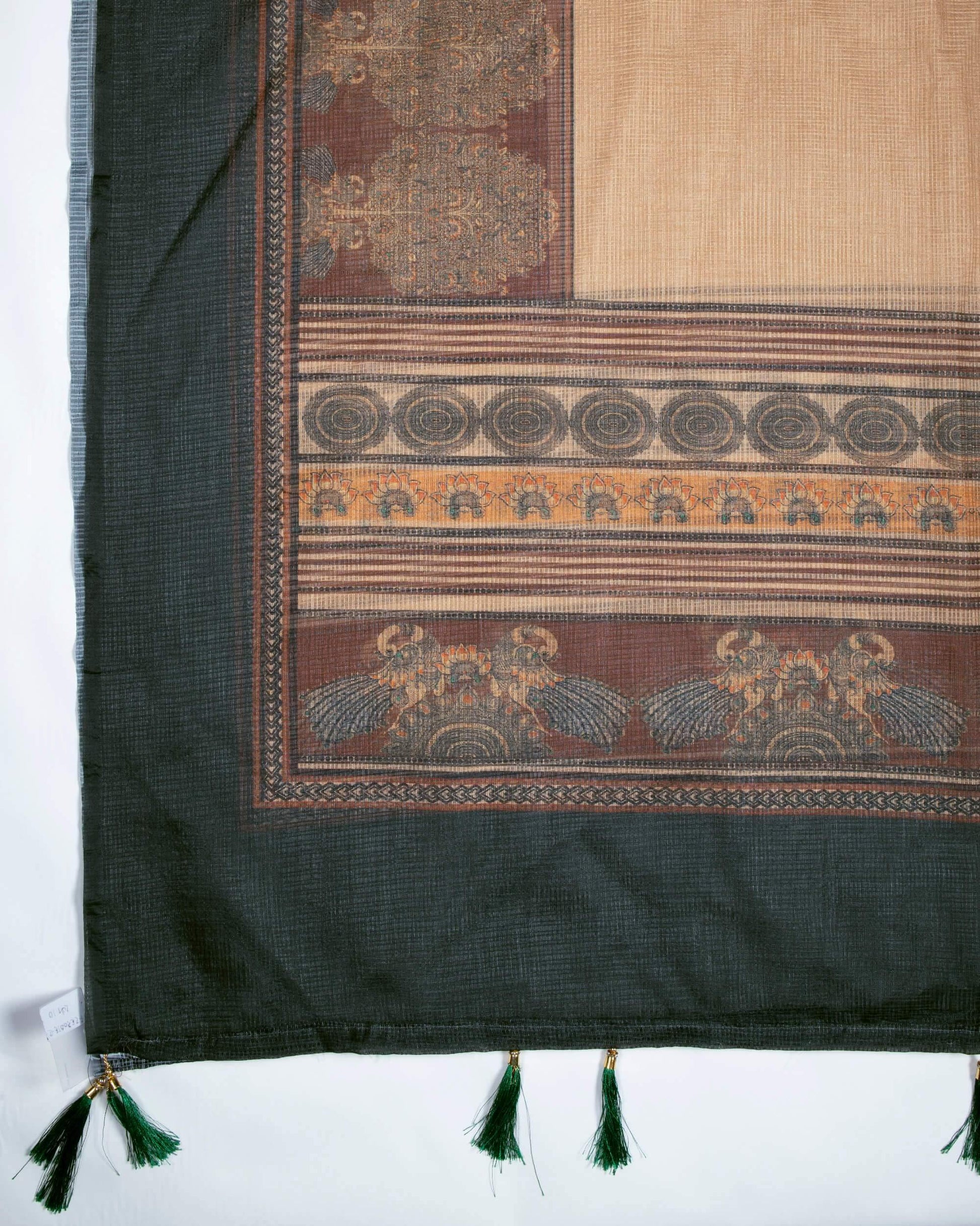 Dark Green And Beige Ethnic Pattern Digital Print Kota Doria Dupatta With Tassels - Fabcurate