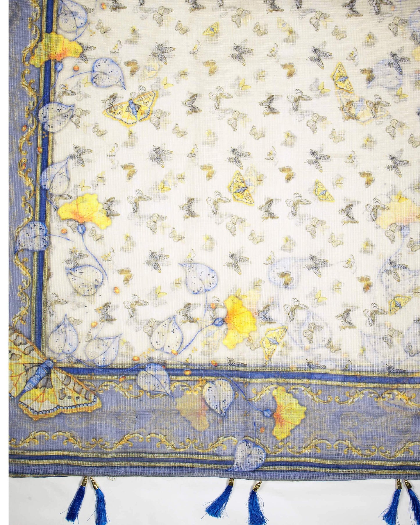 Ivory Cream And Yale Blue Butterfly Pattern Digital Print Kota Doria Dupatta With Tassels - Fabcurate