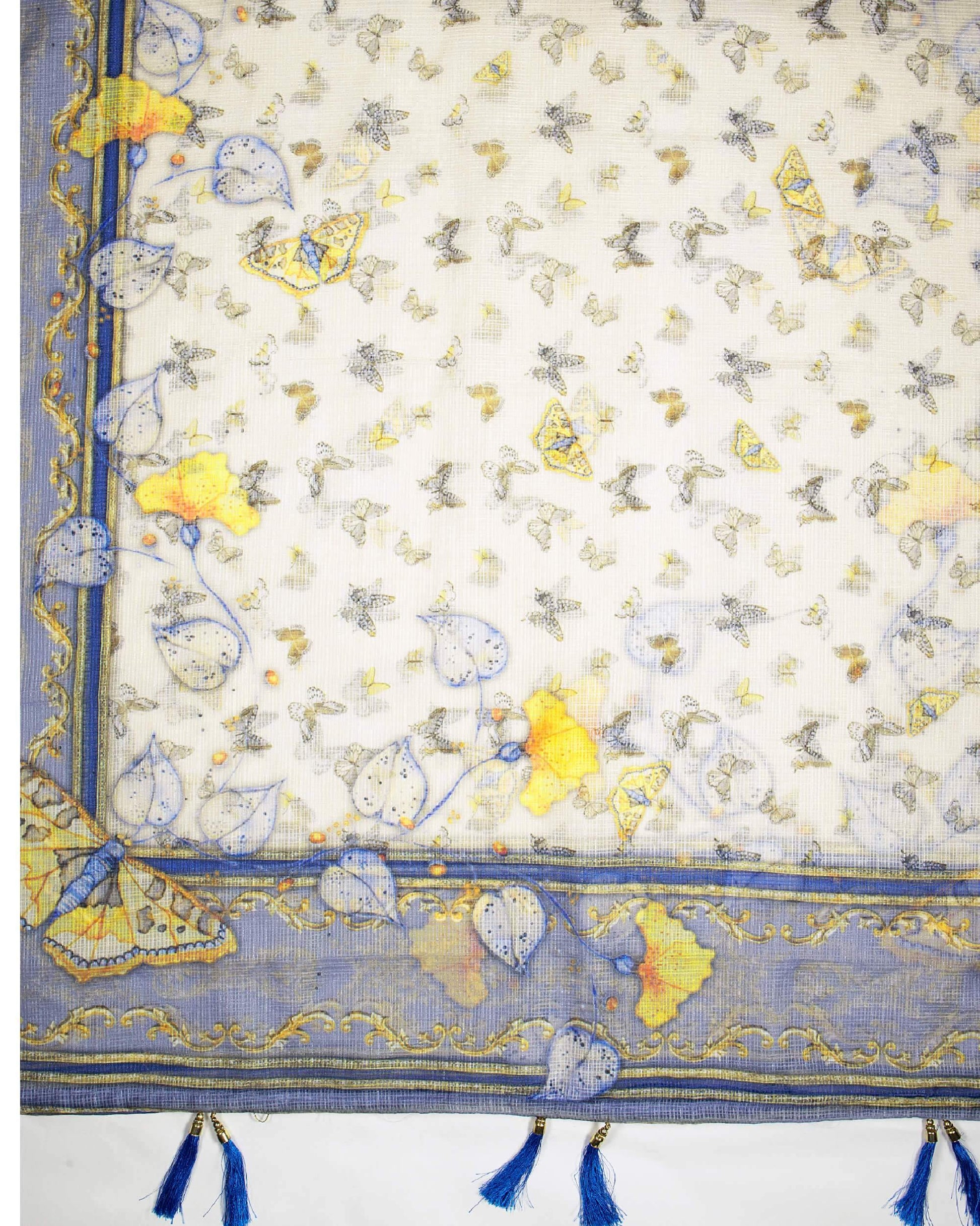 Ivory Cream And Yale Blue Butterfly Pattern Digital Print Kota Doria Dupatta With Tassels - Fabcurate