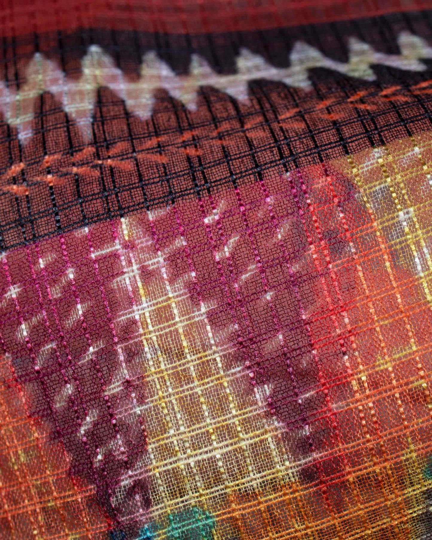 Sangria Red And Honey Yellow Chavron Pattern Digital Print Kota Doria Dupatta With Tassels - Fabcurate