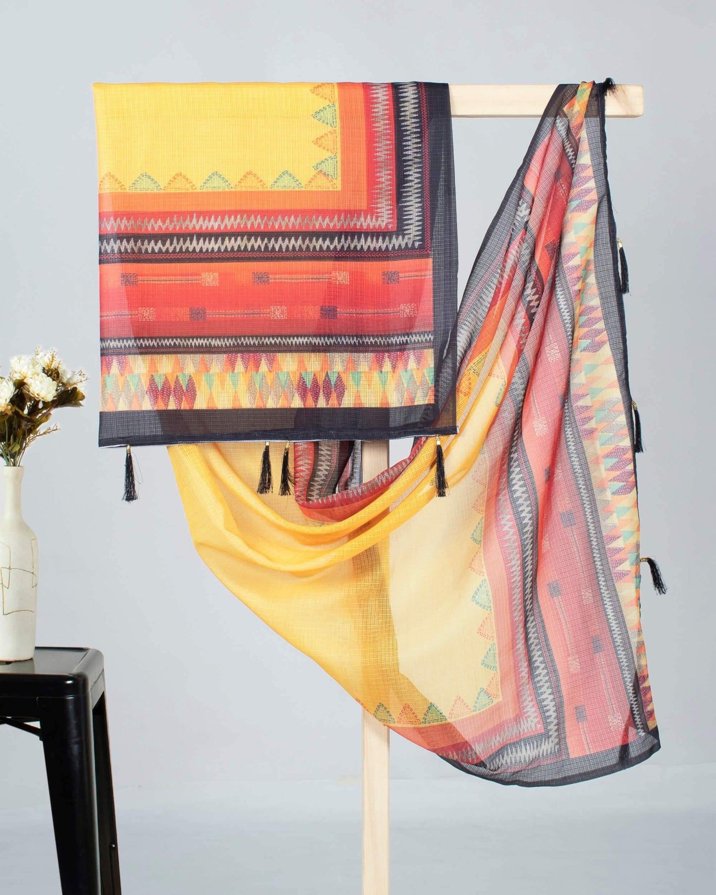 Sangria Red And Honey Yellow Chavron Pattern Digital Print Kota Doria Dupatta With Tassels - Fabcurate